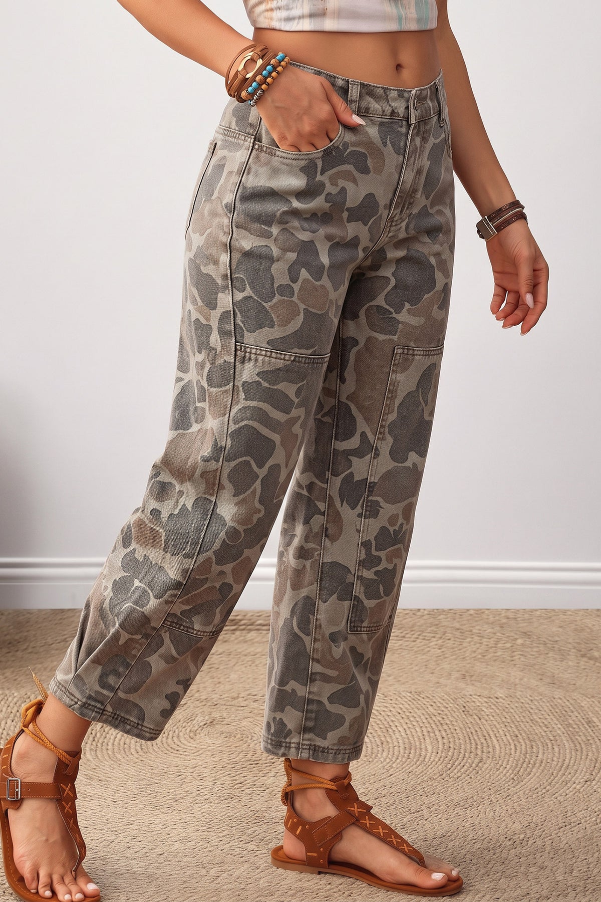 Khaki Camo Patch Detail Casual Jeans