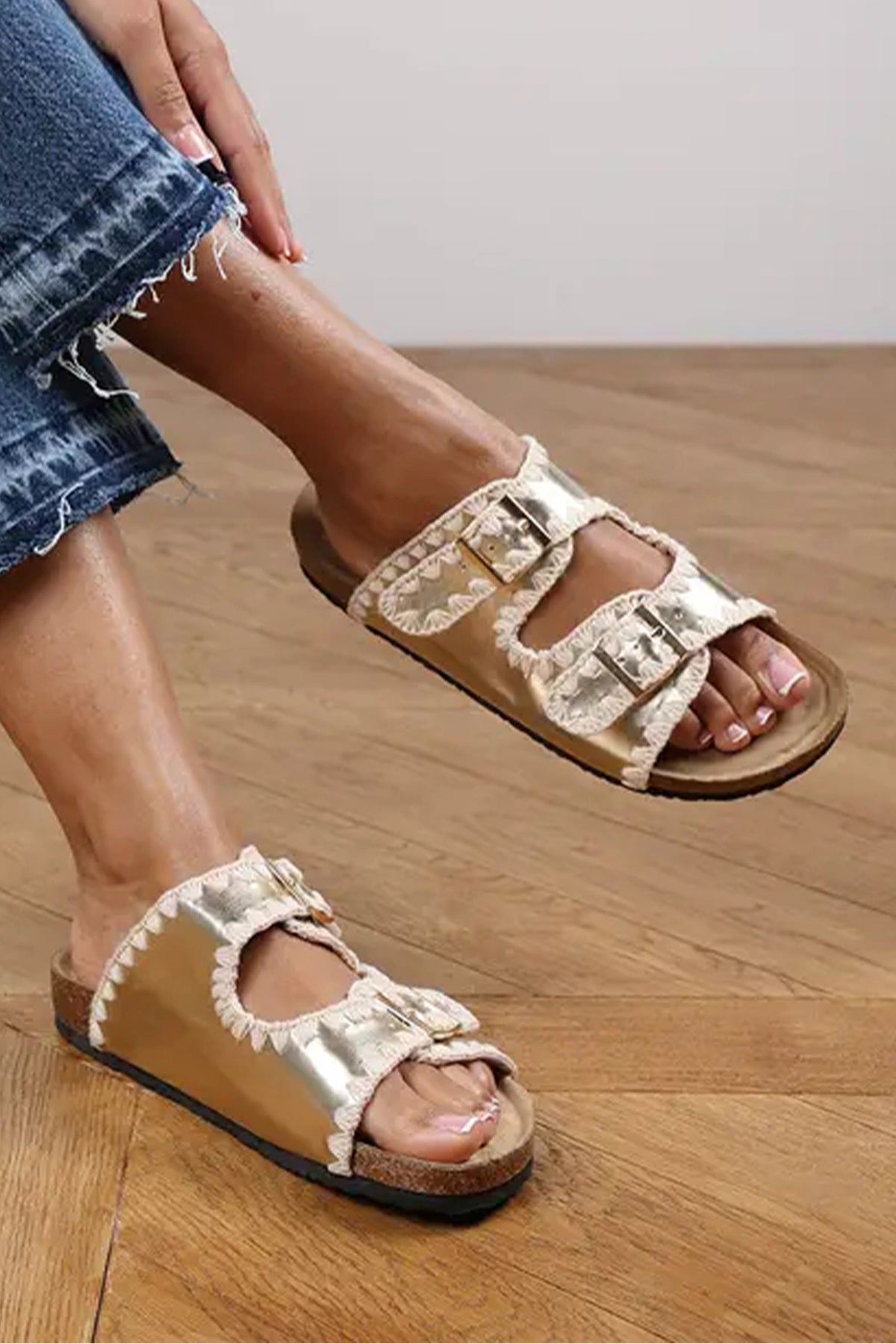 Gold PU Leather Contrast Stitch Flat Slide Sandals