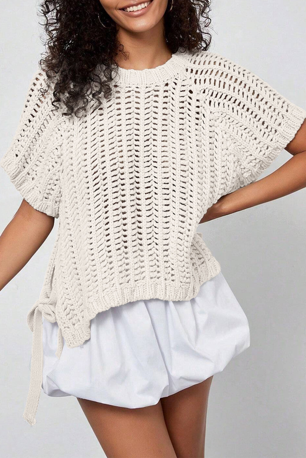 White Plus Size Open Knit Bow Tie Short-Sleeve Sweater
