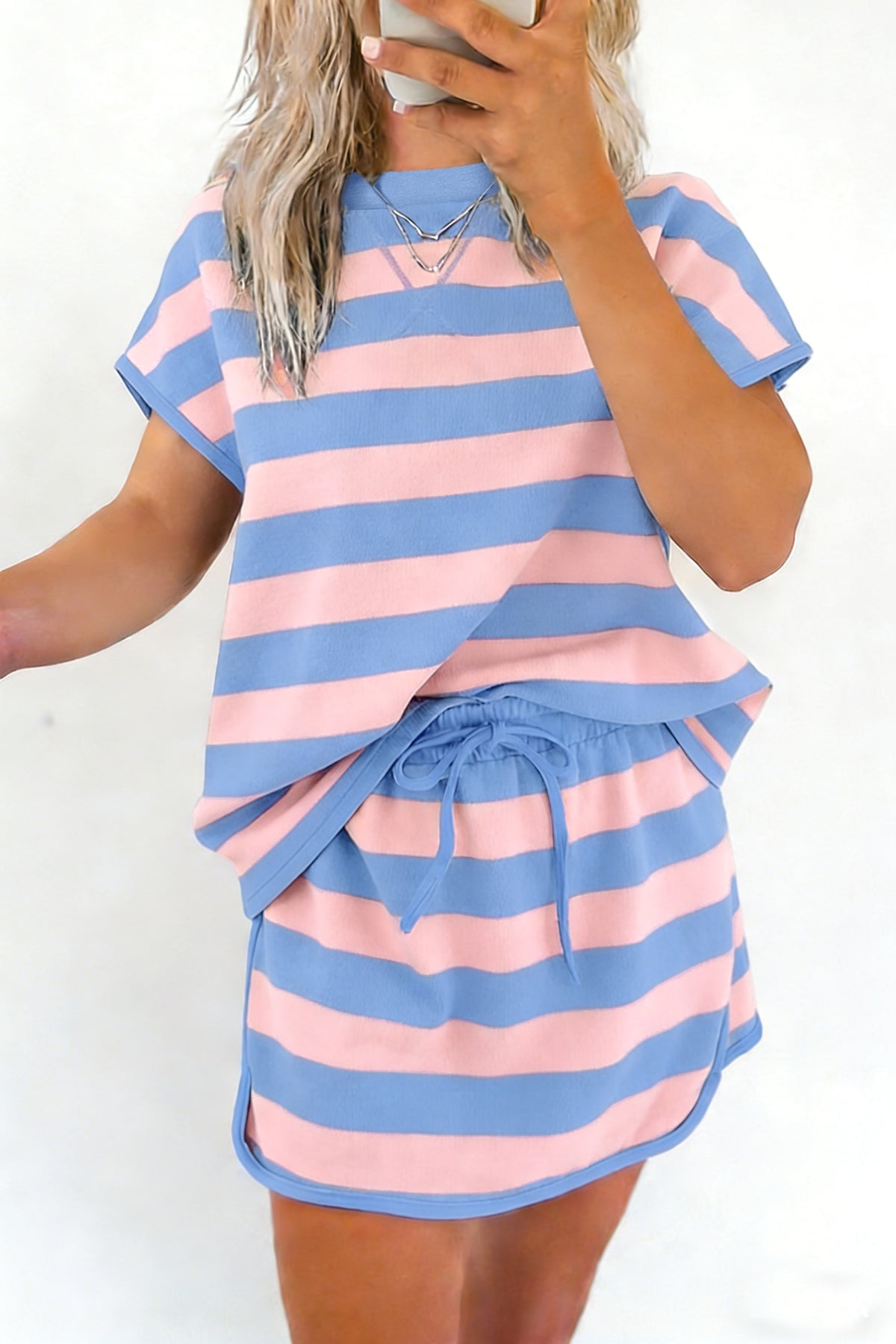 Women's Pink Stripe Dolman Tee Skort Athletic Two-Piece Set