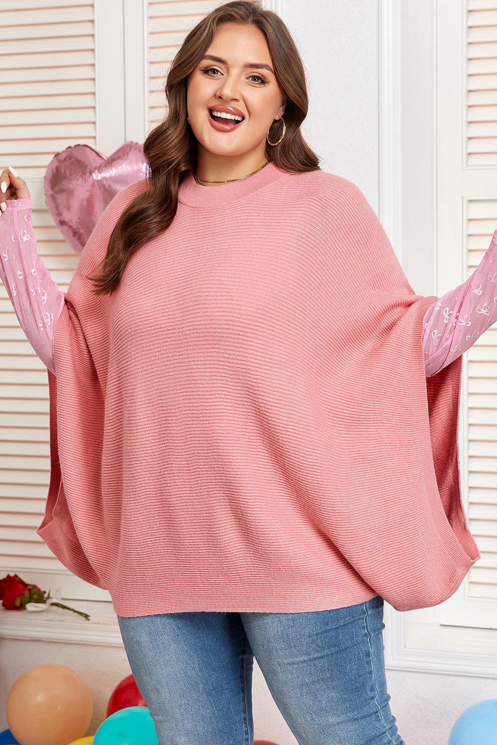 Light Pink Ribbed Knit Half-Sleeve Plus Size Poncho Style Sweater