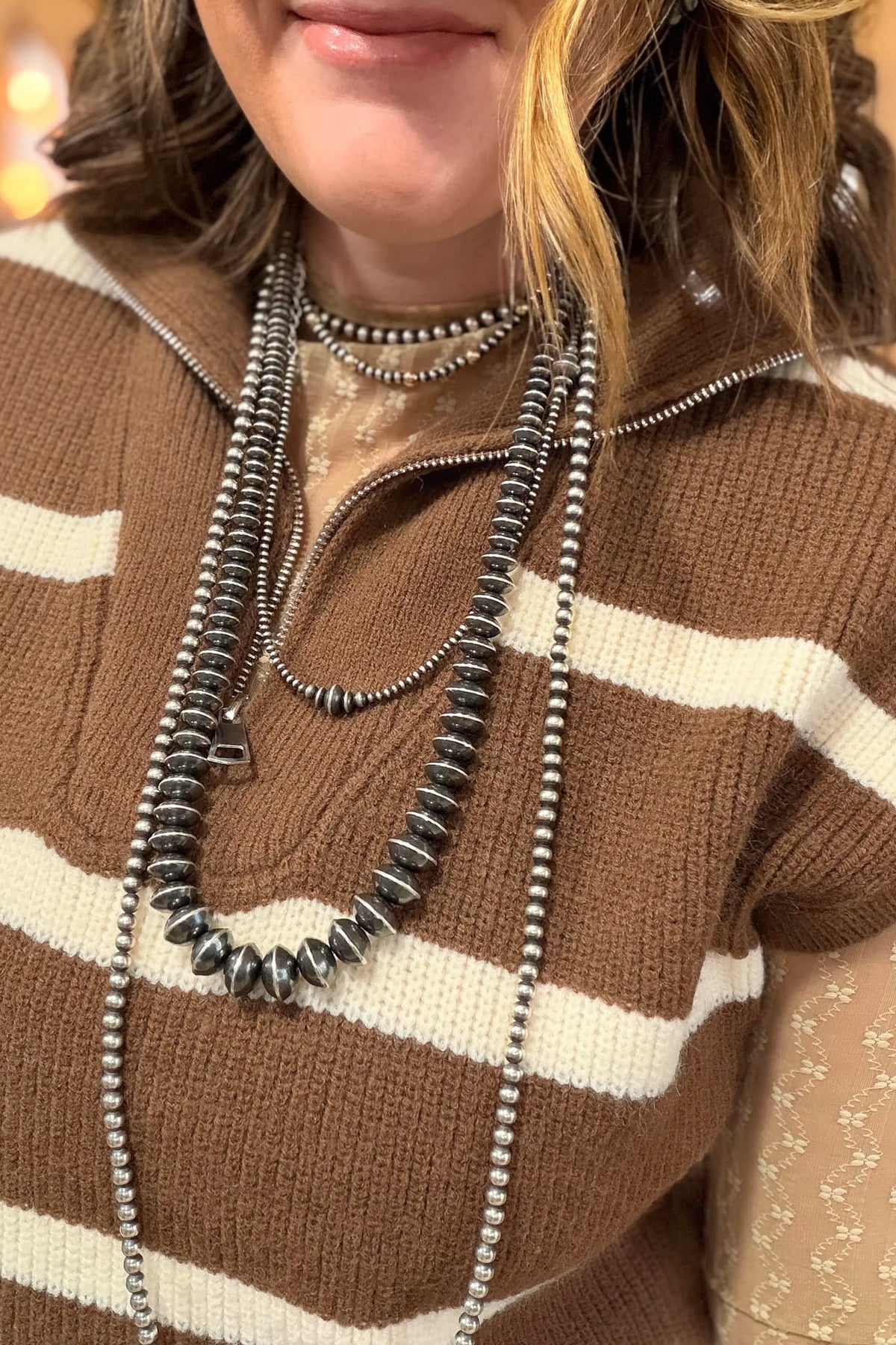 Brown Stripe Striped Colorblock V Neck Tunic Sweater T-shirt