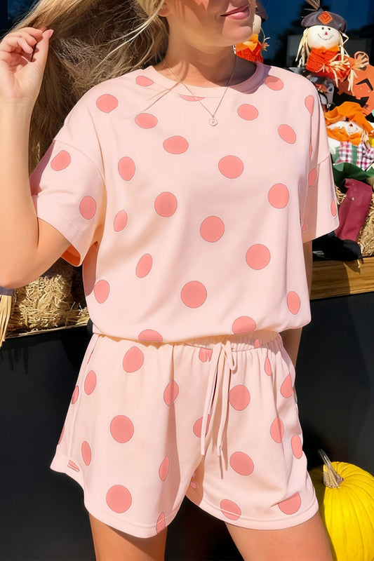 Pink Polka Dot Print Loose Tee Drawstring Elastic Waist Short Set