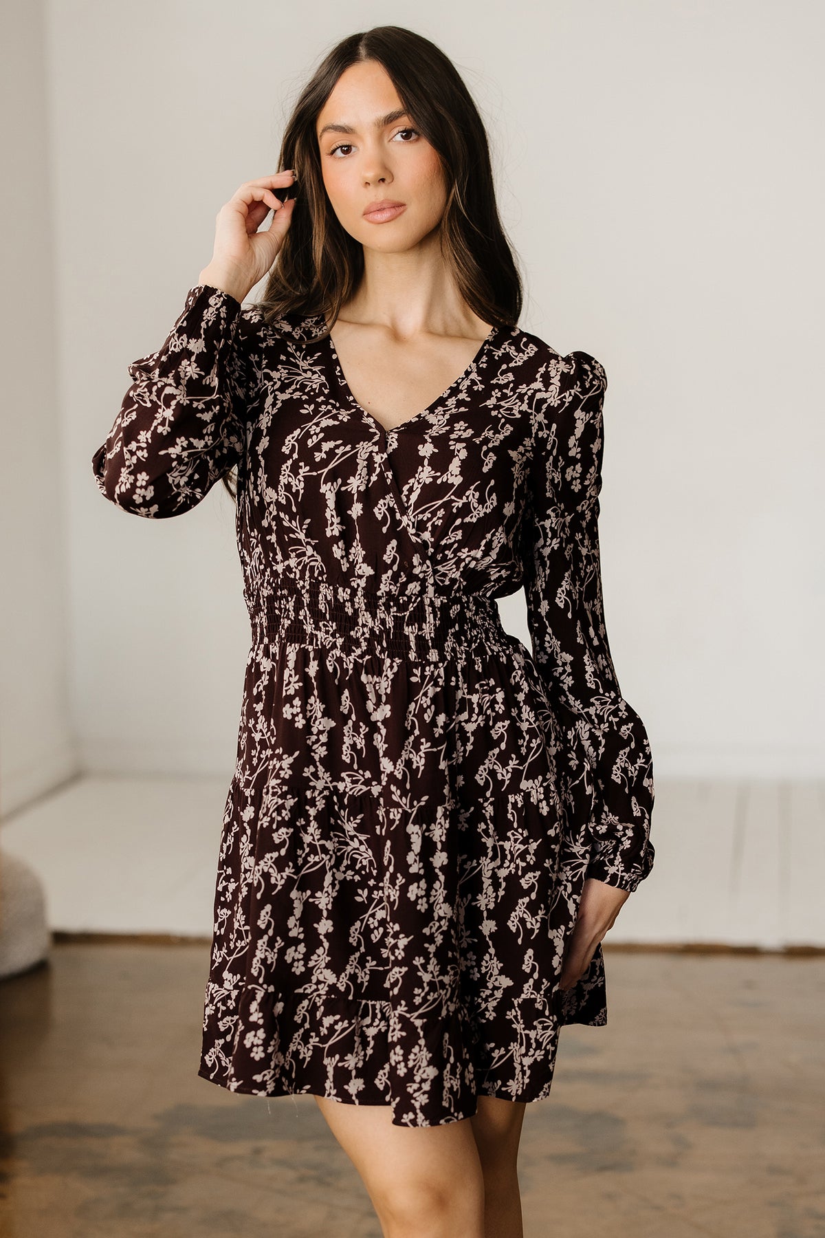 Brown Ditsy Floral Split Neck Shirred Waist Flared Mini Dress