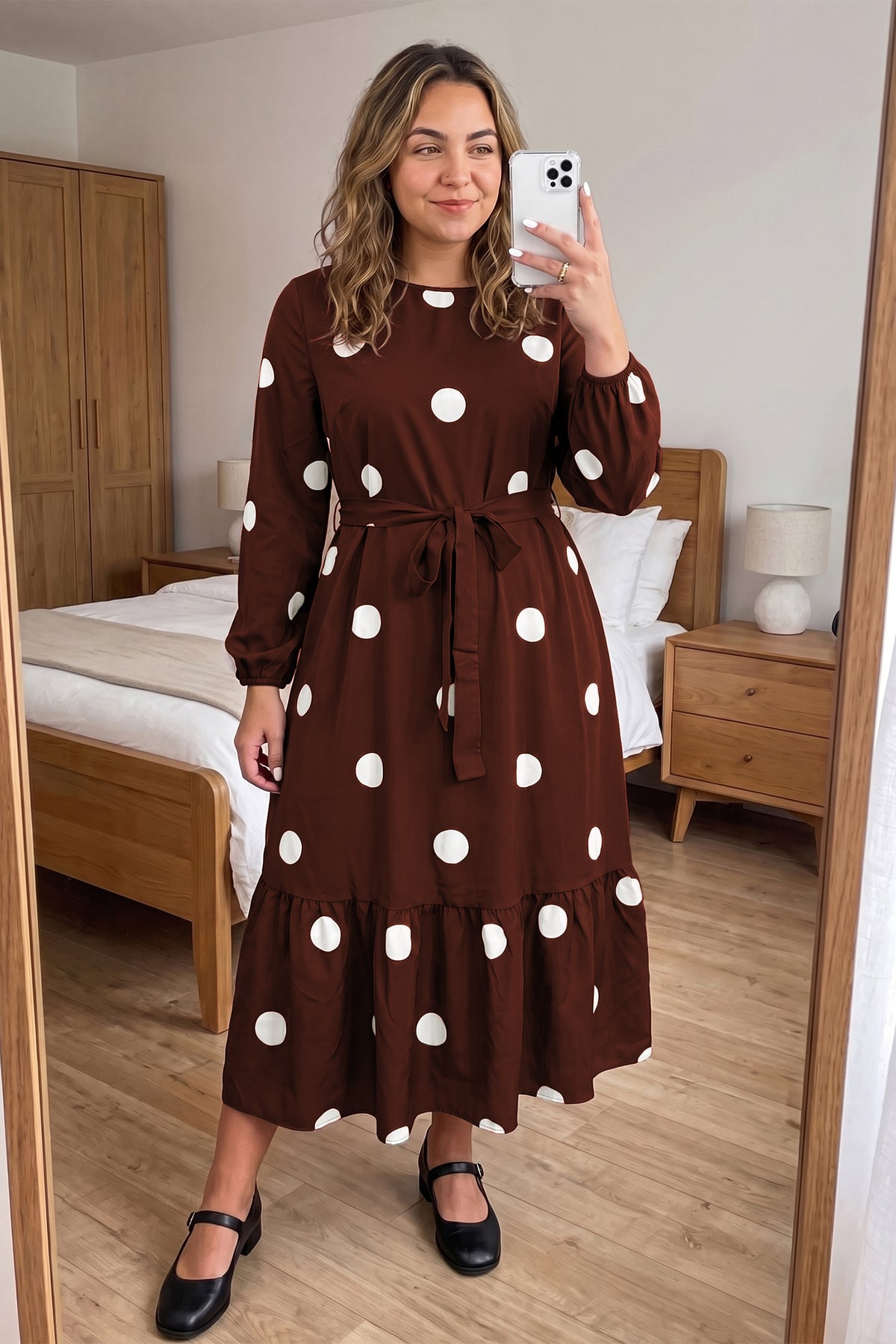 Brown Polka Dot Ruffled Hem Long-Sleeve Tie-Waist Plus Size Dress