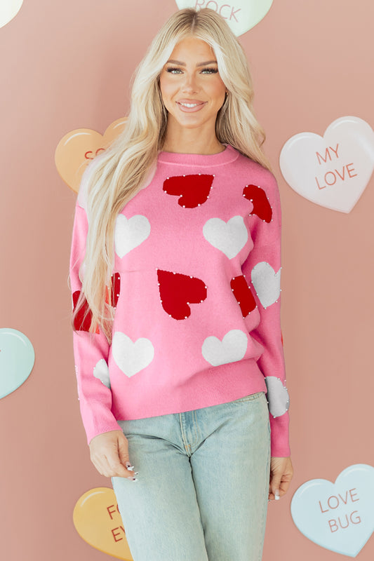 Pink Pearl Embellished Heart Pattern Valentines Day Sweater