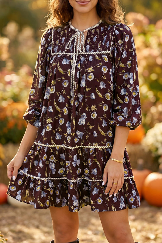 Brown Floral V-Neck Mini Dress
