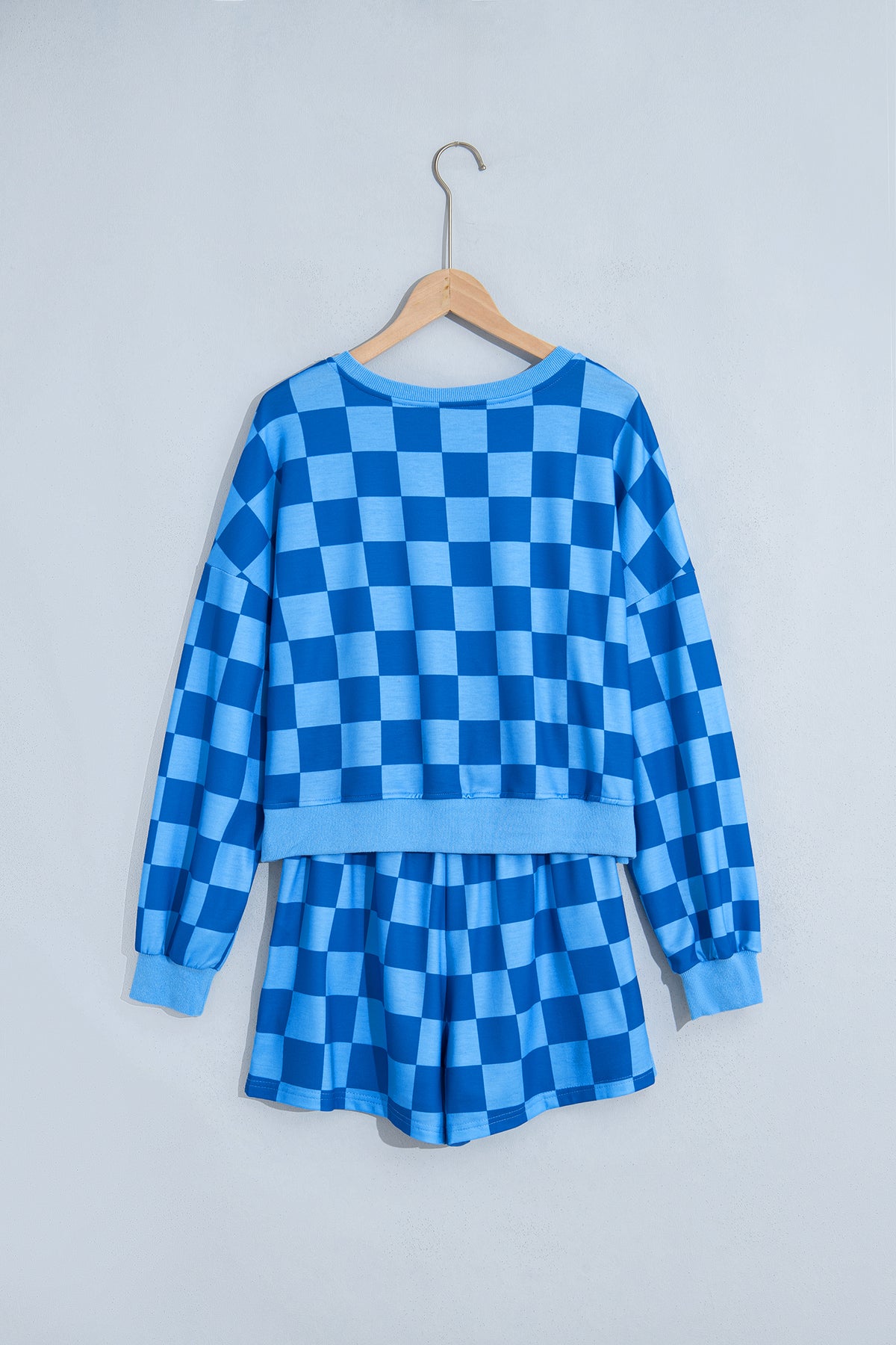 Women's Pink Plaid Checkered Long-Sleeve Crop Top Elastic Waist Shorts Two-Piece Set