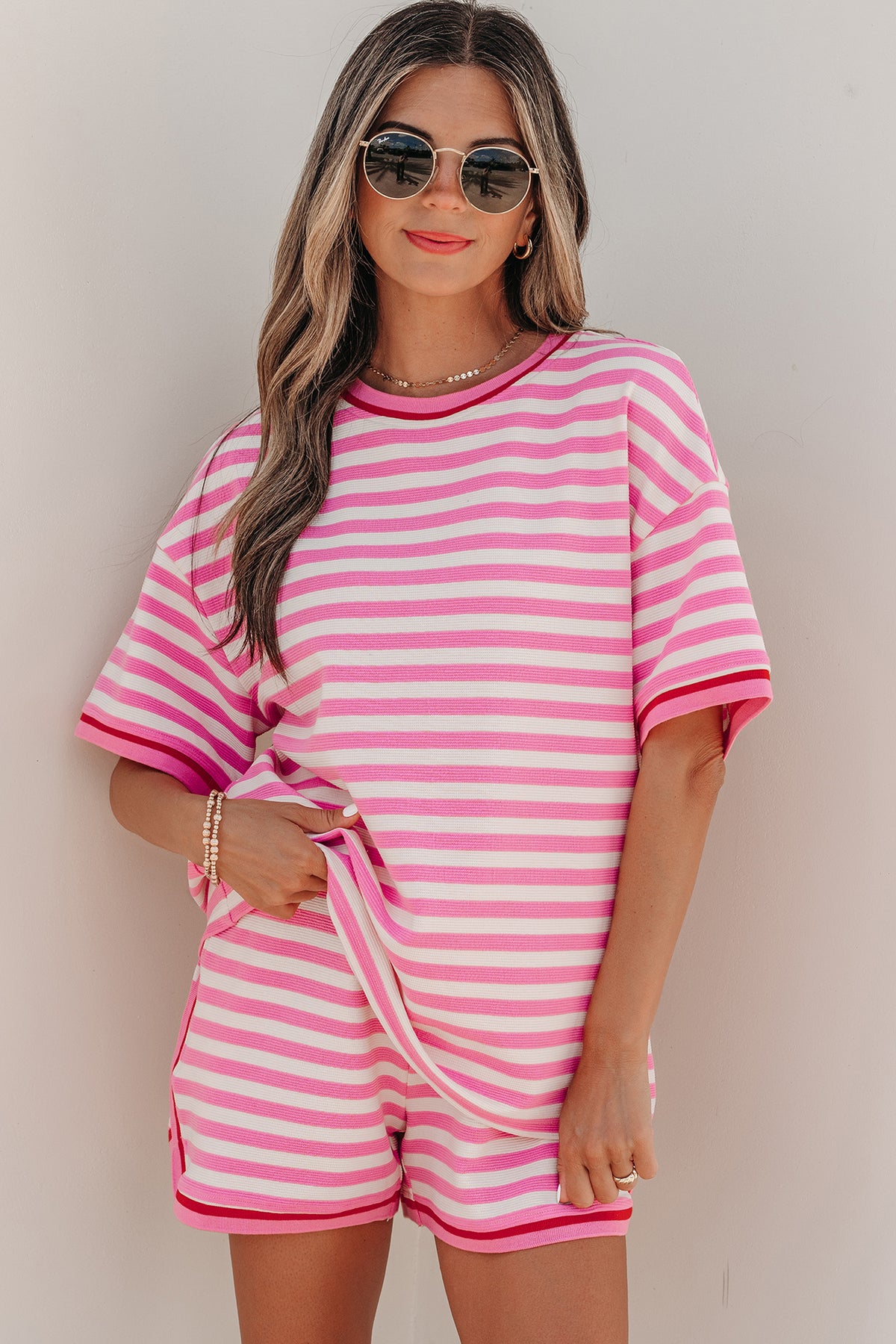Women's Pink Stripe Contrast Trim Short-Sleeve Top Shorts Two-Piece Outfit Set