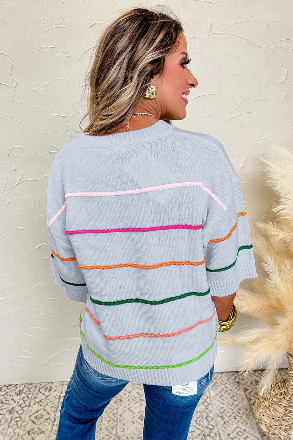Beau Blue Colorblock Striped Half Sleeve Drop Shoulder Sweater