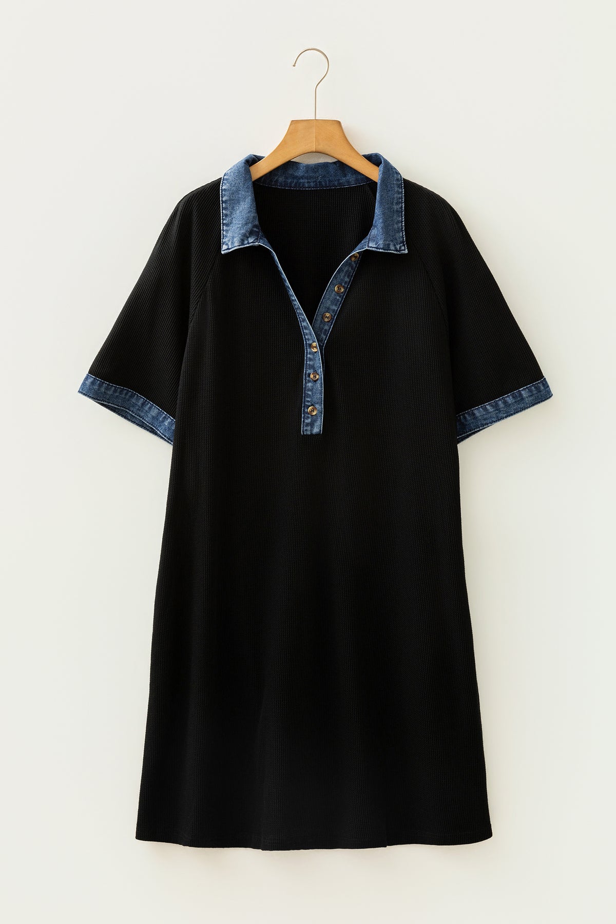 Black Color-Block Denim Collar Short-Sleeve Plus Size Shift Dress