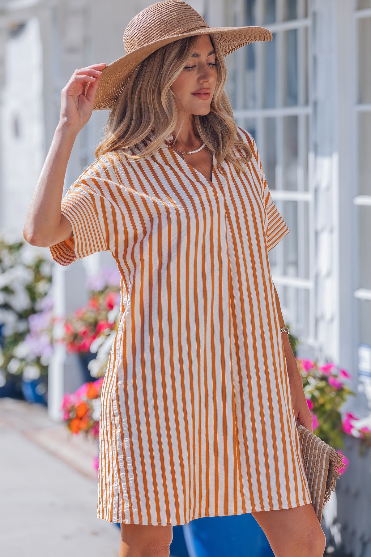 Brown Stripe V-Neck Mini Dress