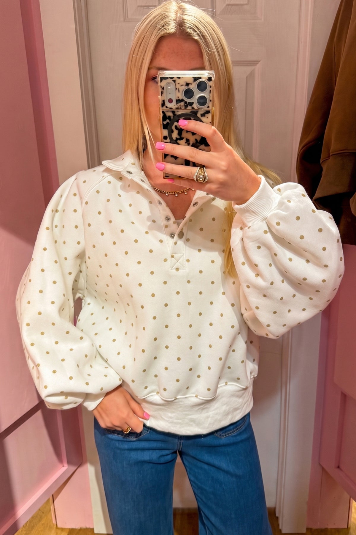 Black Polka Dot Print Metal Button Collar Sweatshirt