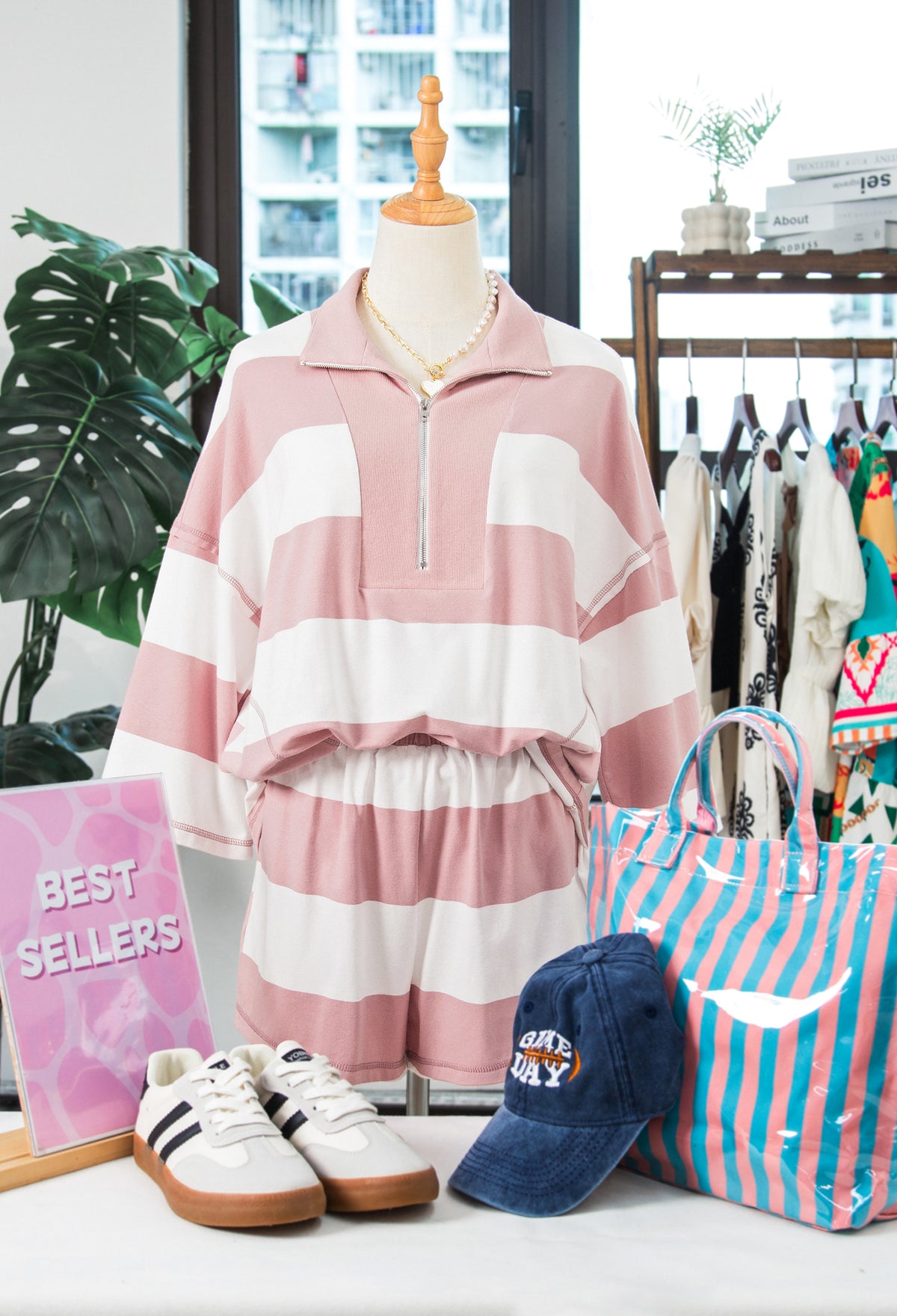 Women's Pink Stripe Half Zip Bracelet Sleeve Top Casual Shorts Set