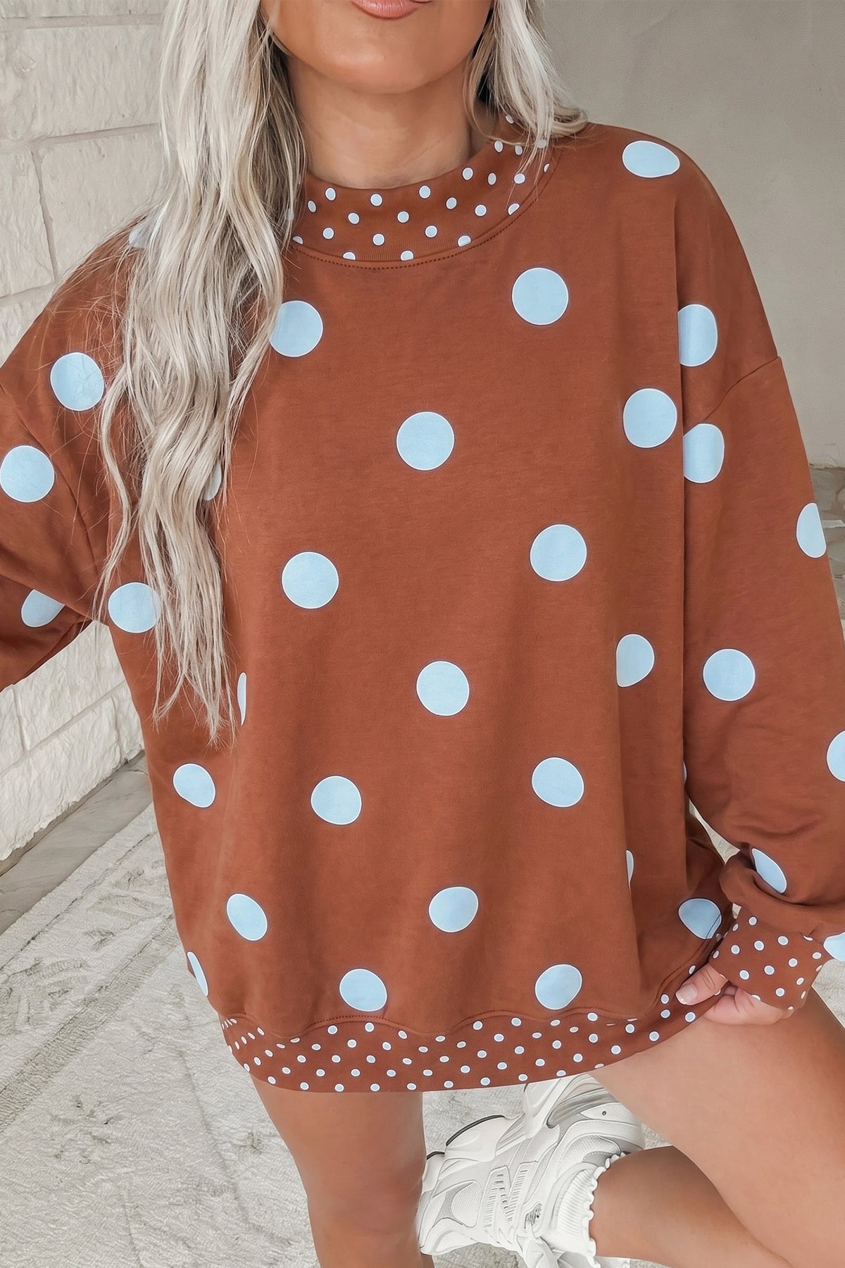Red Polka Dot Print Contrast Oversized Tunic Sweatshirt