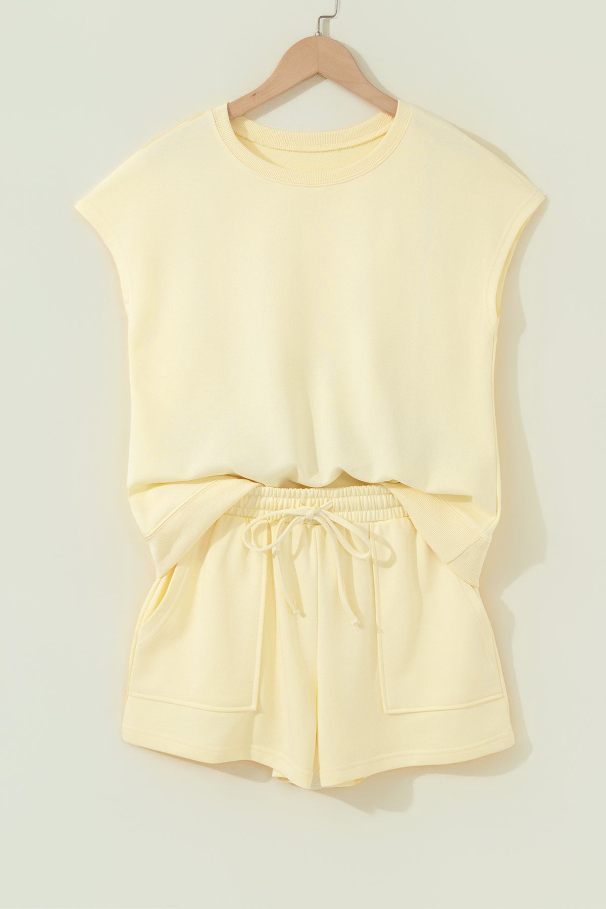 Women's Yellow Cream Tee Drawstring Shorts Comfy Two-Piece Set