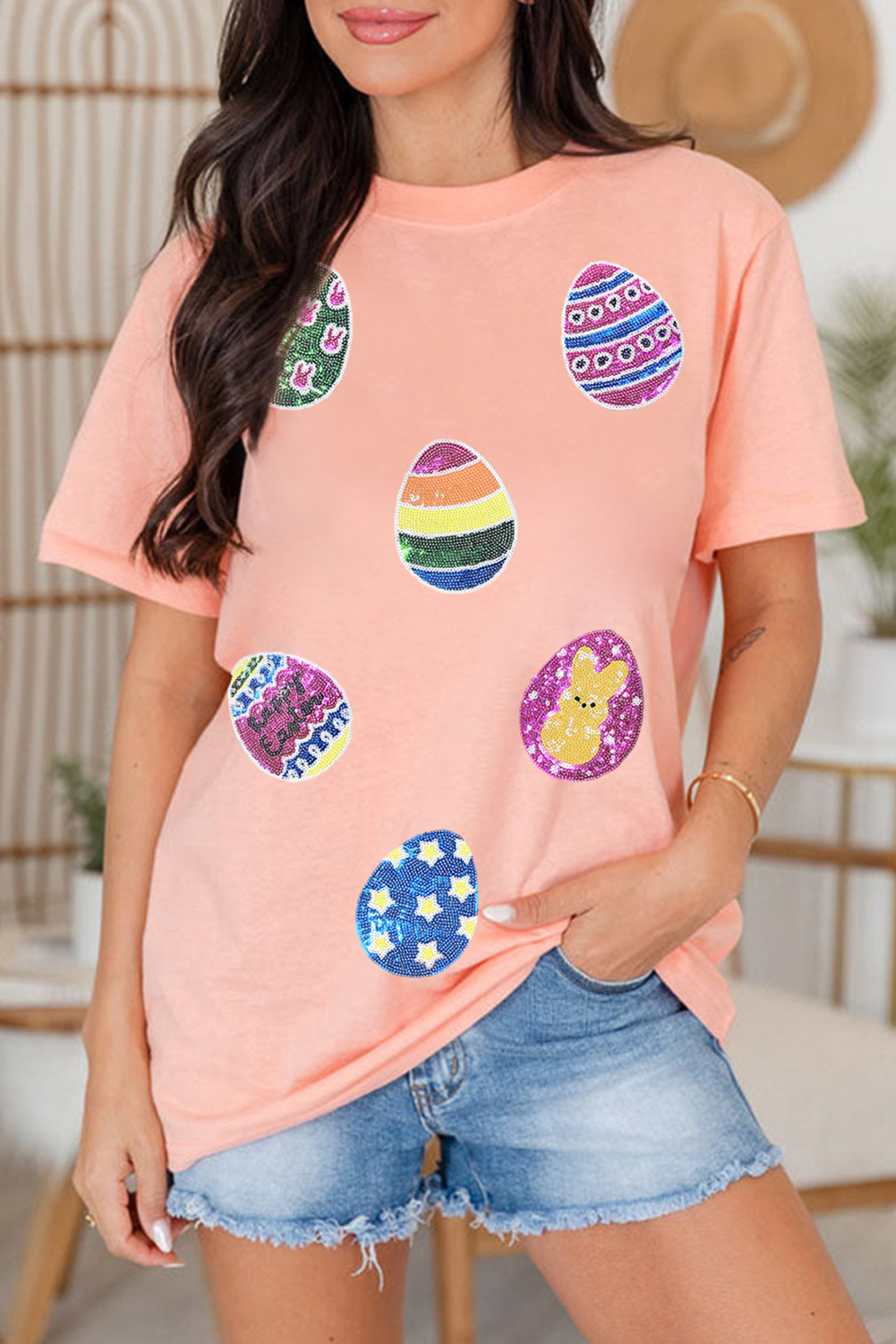 Pink Sequin Easter Eggs Graphic Crewneck T-Shirt