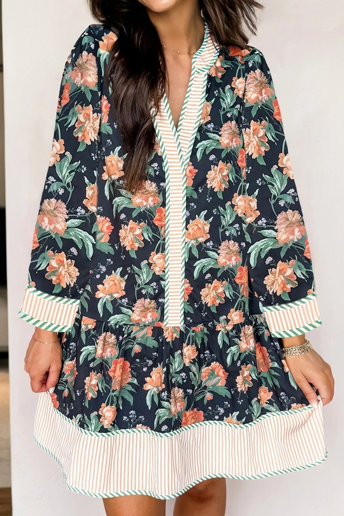 Blue Floral Striped V Neck Long Sleeve Ruffle Hem Shift Mini Dress