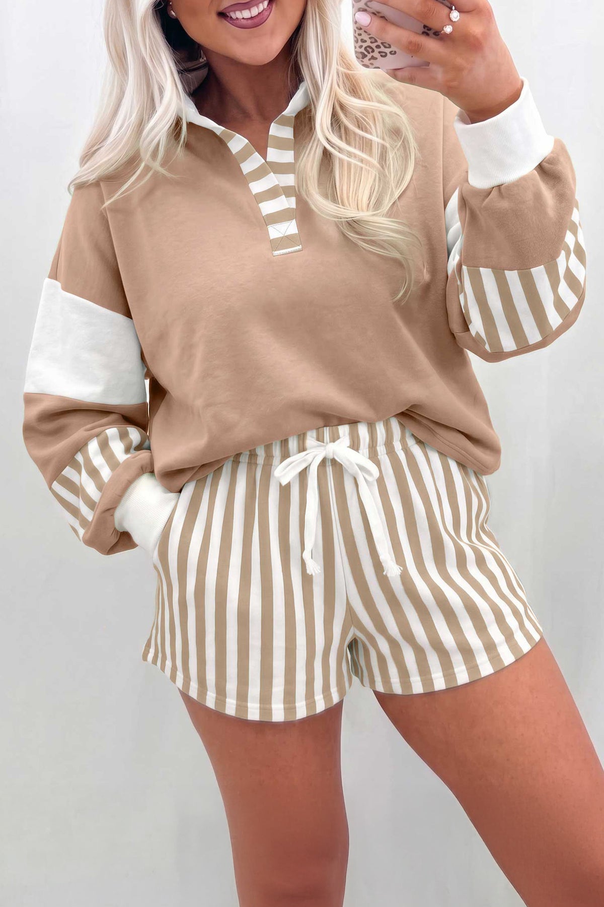 Women's Black Striped Color Block Pullover Top Drawstring Shorts Set