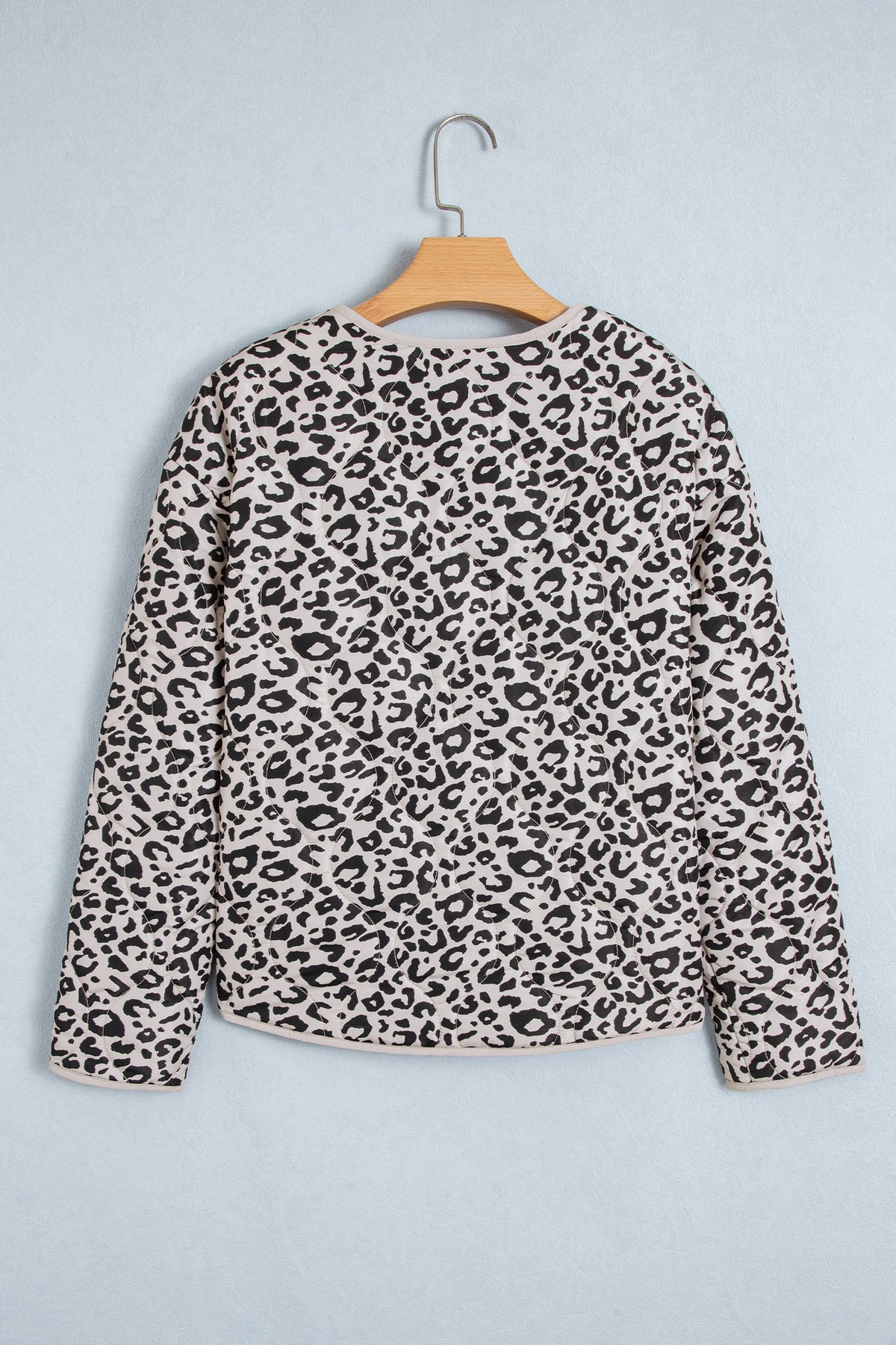 Khaki Leopard Print Patch Pockets Binding Tape Long Sleeve Jacket