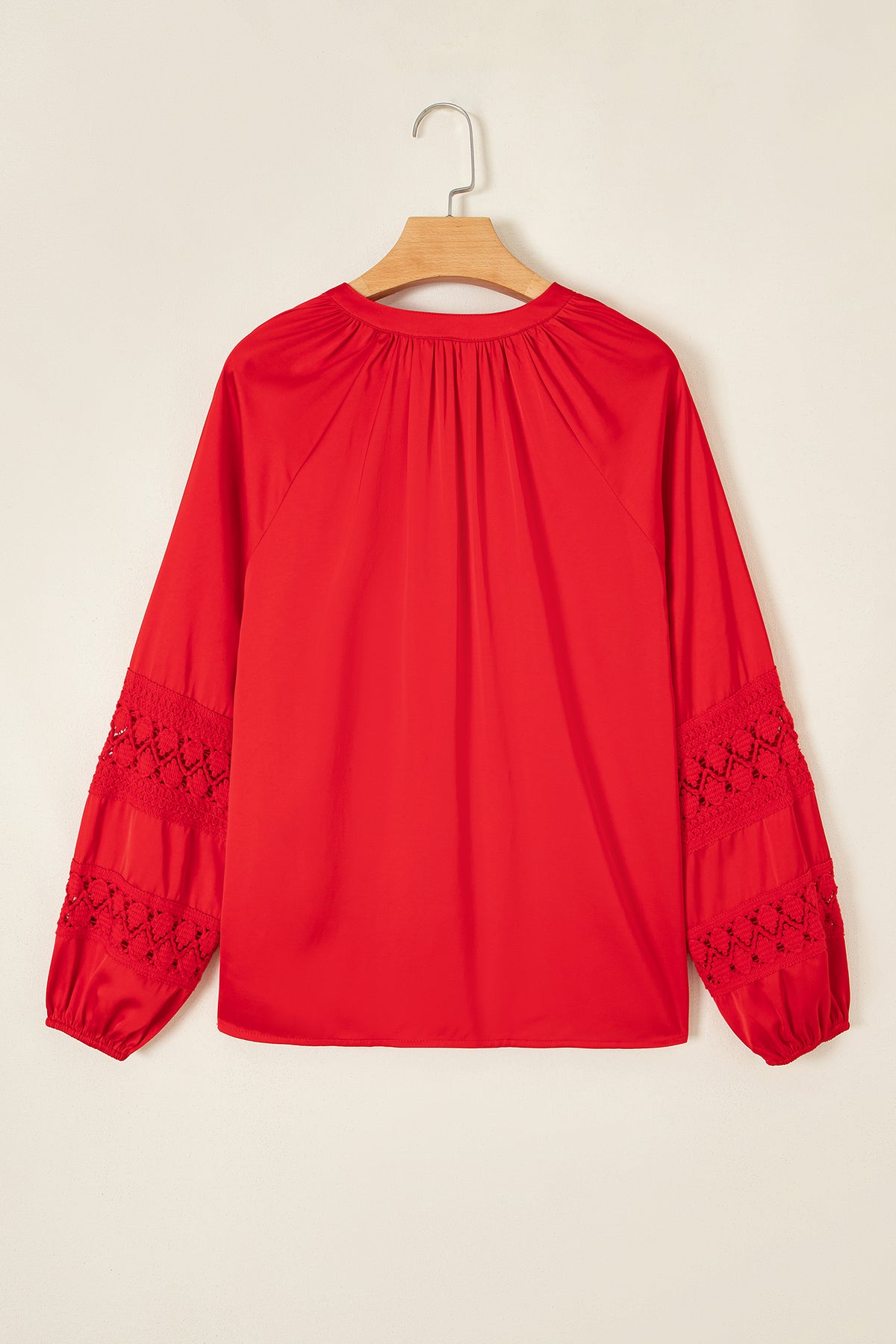 Fiery Red Patchwork Lace V Neck Button Front Shirt
