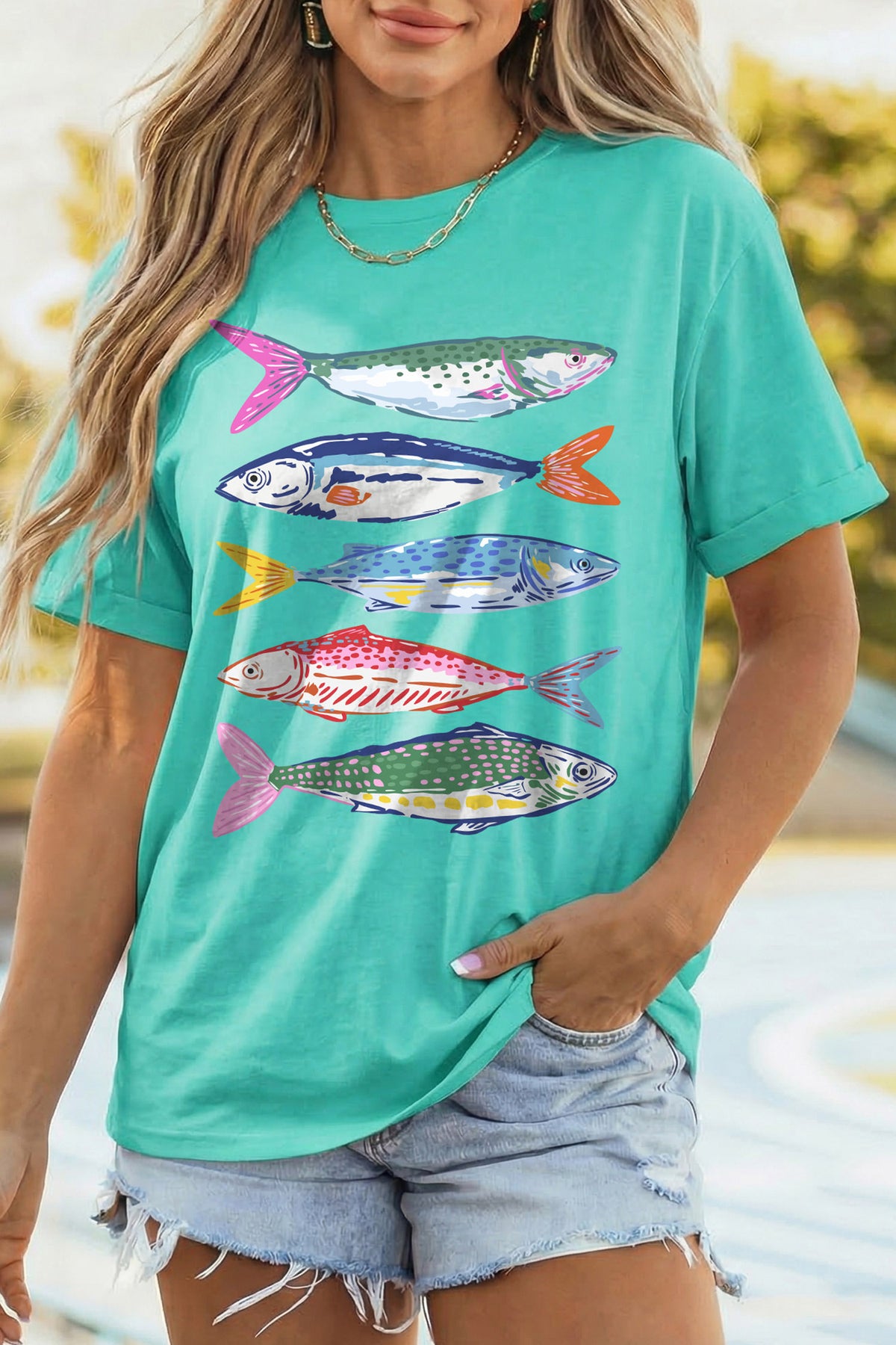 Mint Green Vibrant Fish Print Casual Short Sleeve T-Shirt