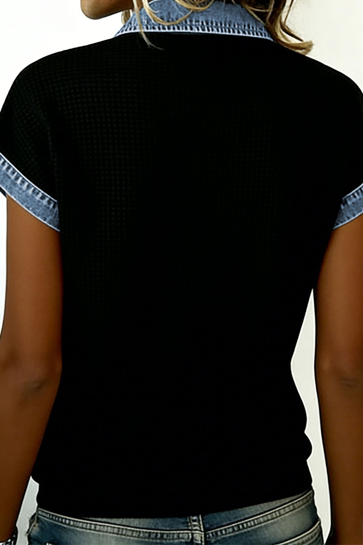 Black Textured Knit Denim Color Block Patchwork Collar Shirt