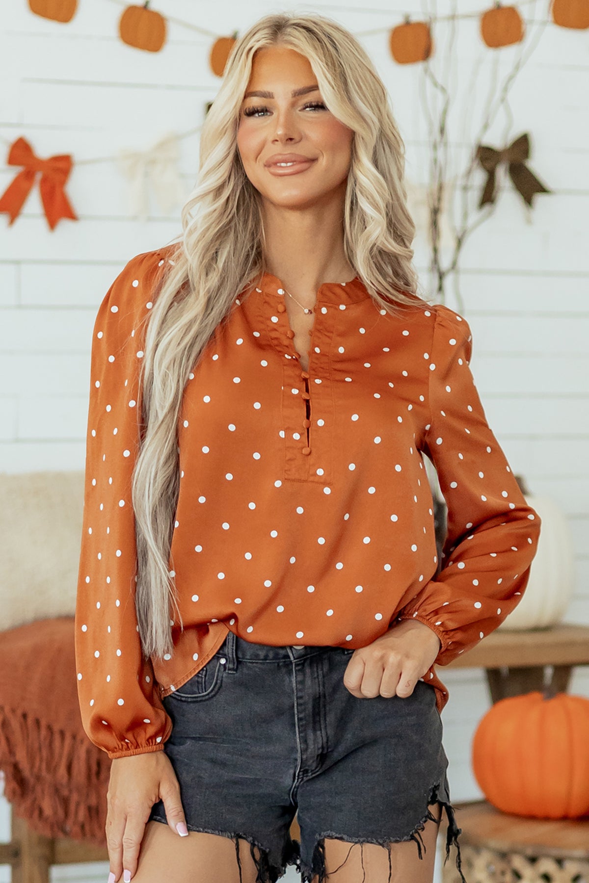Brown Polka Dot Half Button V Neck Blouse