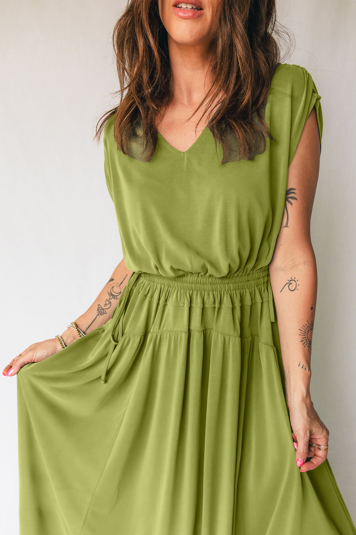 Fern Green Solid V Neck Cap Sleeve Tunic Elastic Waist Maxi Dress