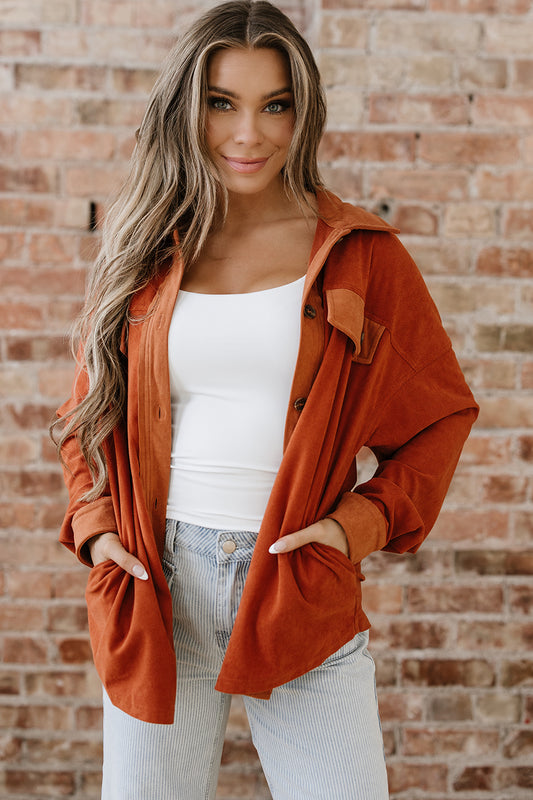 Gold Flame Velvet Flap Pockets Drop Shoulder Casual Shacket