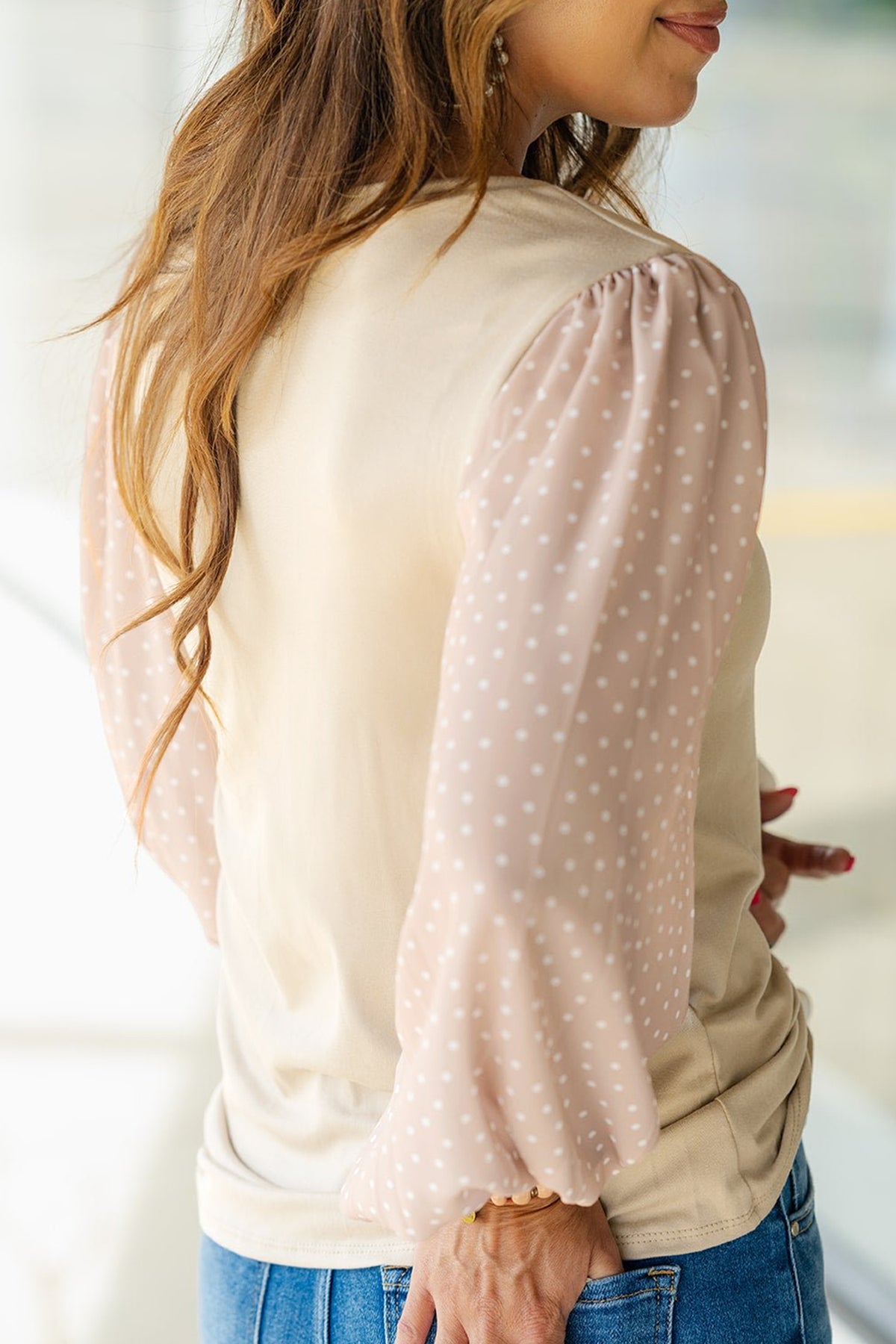 Parchment Polka Dot Long-Sleeve Round-Neck Plus Size Blouse