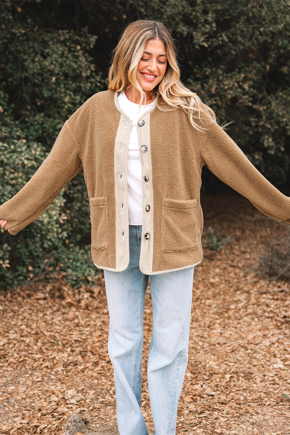 Light French Beige Puffy Plush Corduroy Edge Jacket with Big Pockets