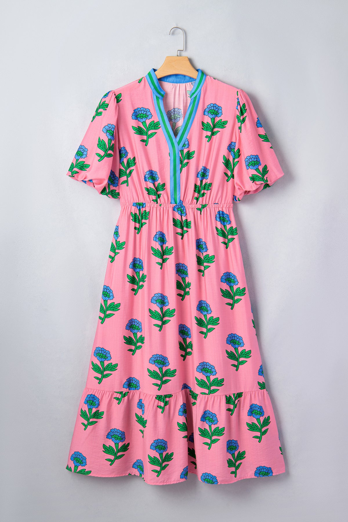 Pink Plus Size Striped V-Neck Ruffled Floral Long Dress