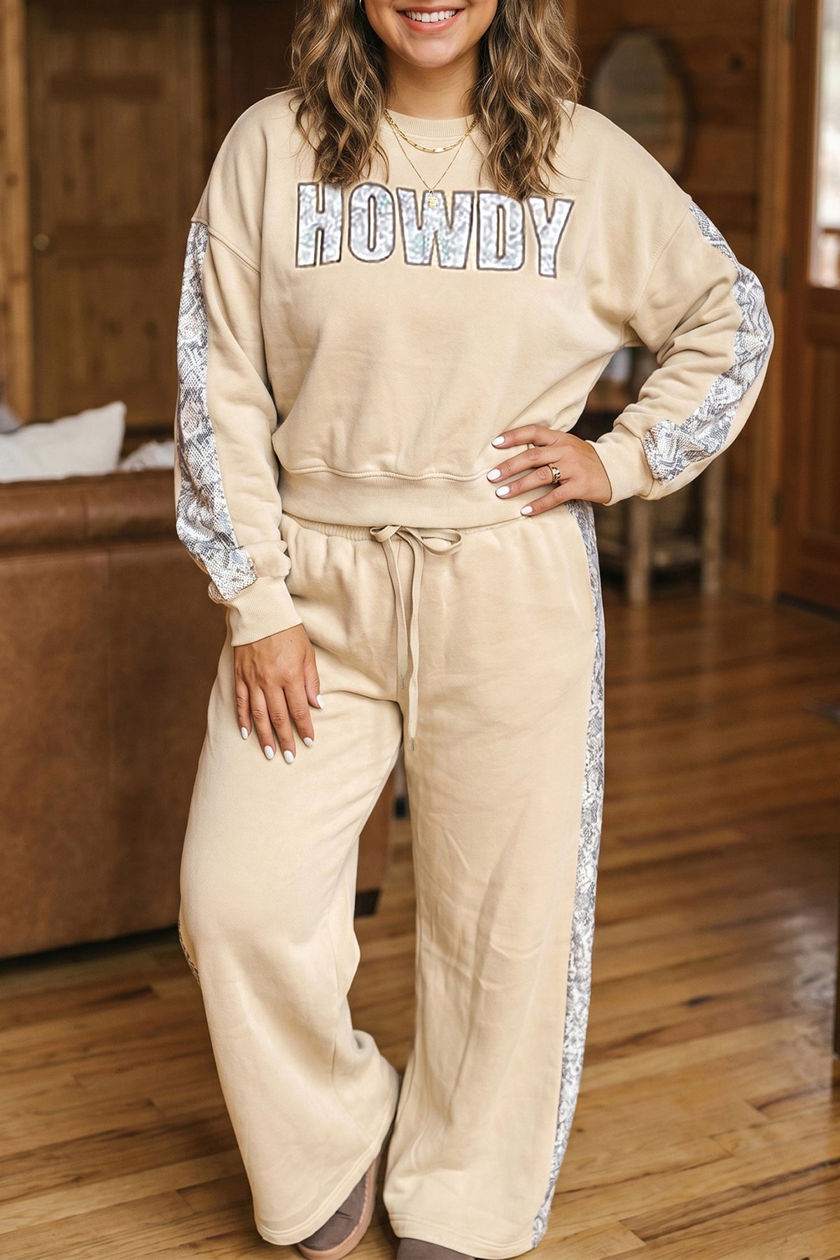 Parchment HOWDY Letter Print Color-Block Side Stripe Long-Sleeve Plus Size Set