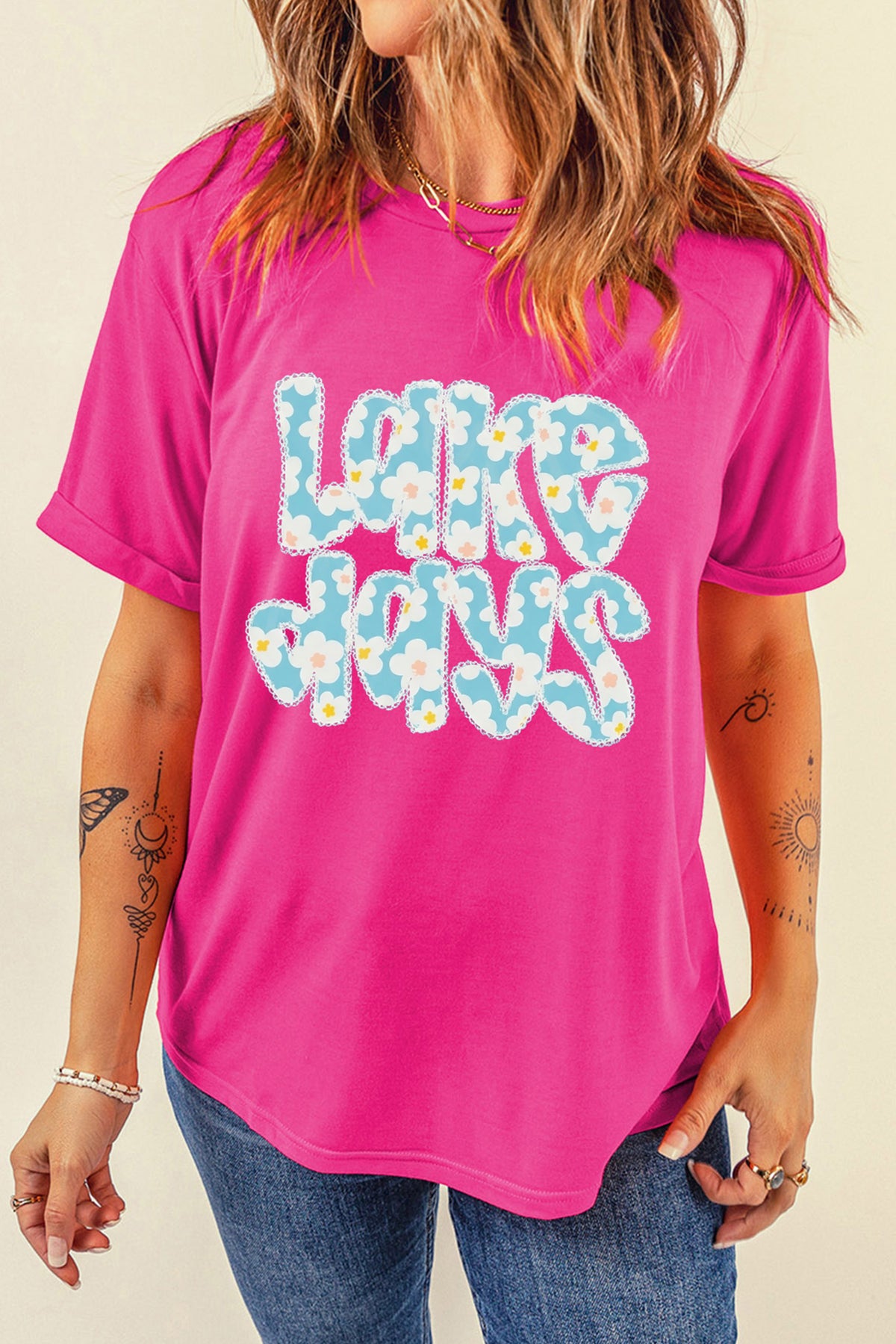Rose Red LAKE DAYS Floral Lettering T-Shirt