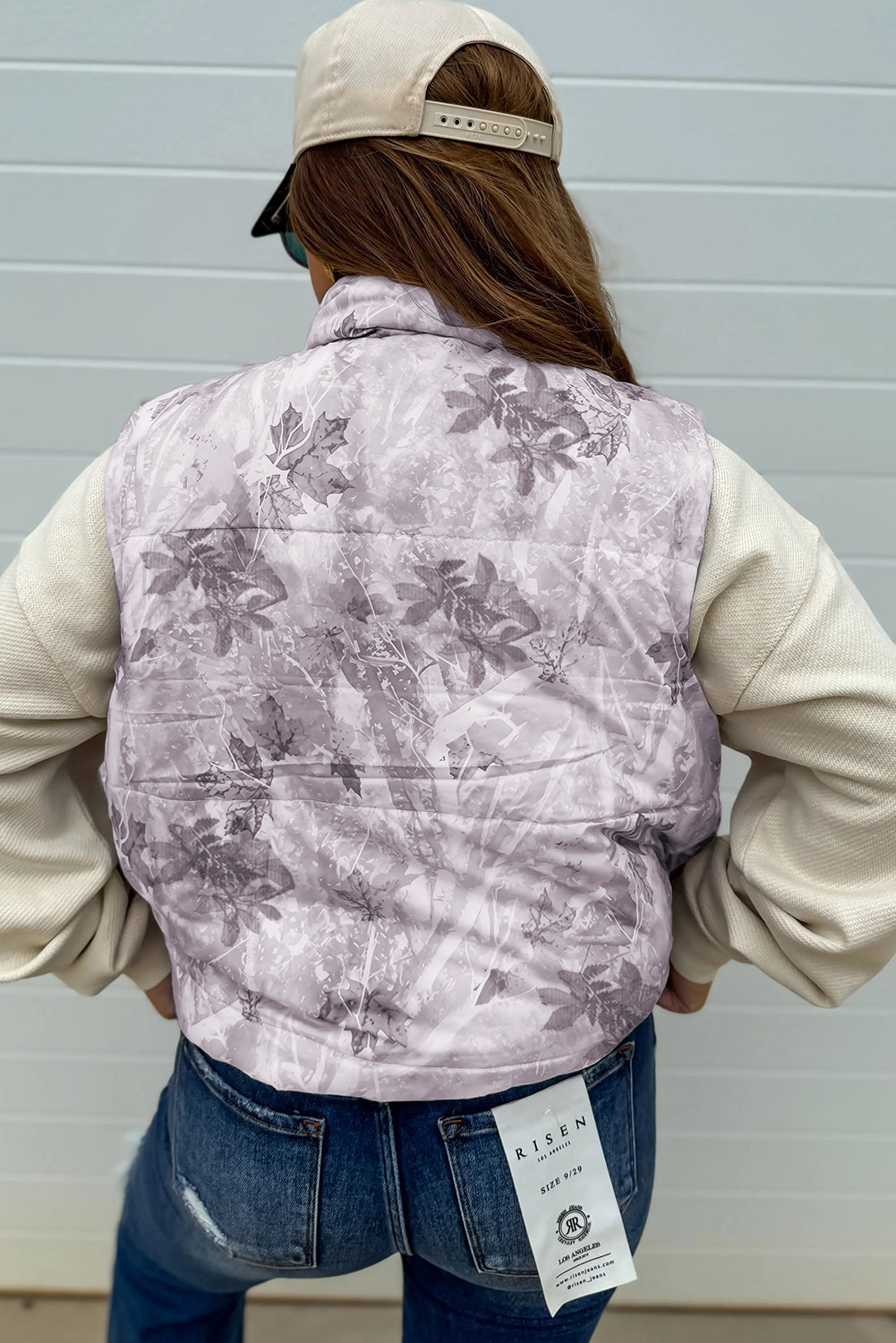 Gray Camo Leaf Print Winter Puffer Vest