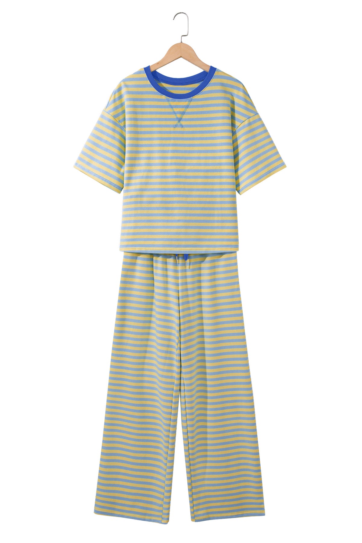 Yellow Stripe Colorblock Trim Crew Neck Loose Tee Drawstring Elastic Waist 2pcs Pant Set