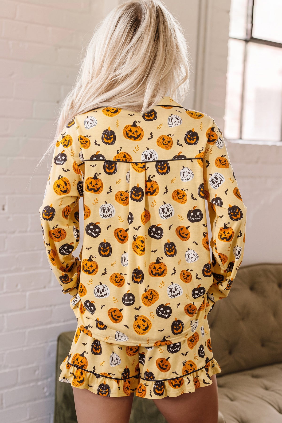 Orange Long Sleeve Ruffle Pumpkin Face Print Lounge Set