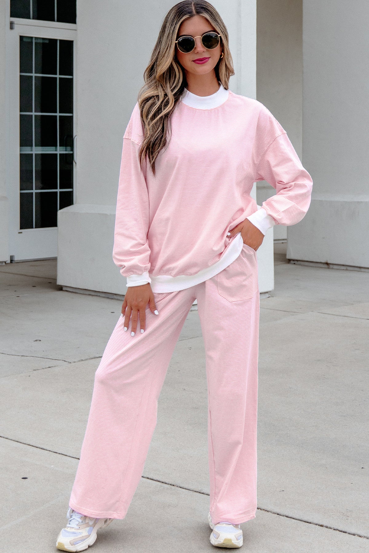 Women's Pink Stripe Color Block Trim Mock Neck Pullover Drawstring Pants Casual Outfit