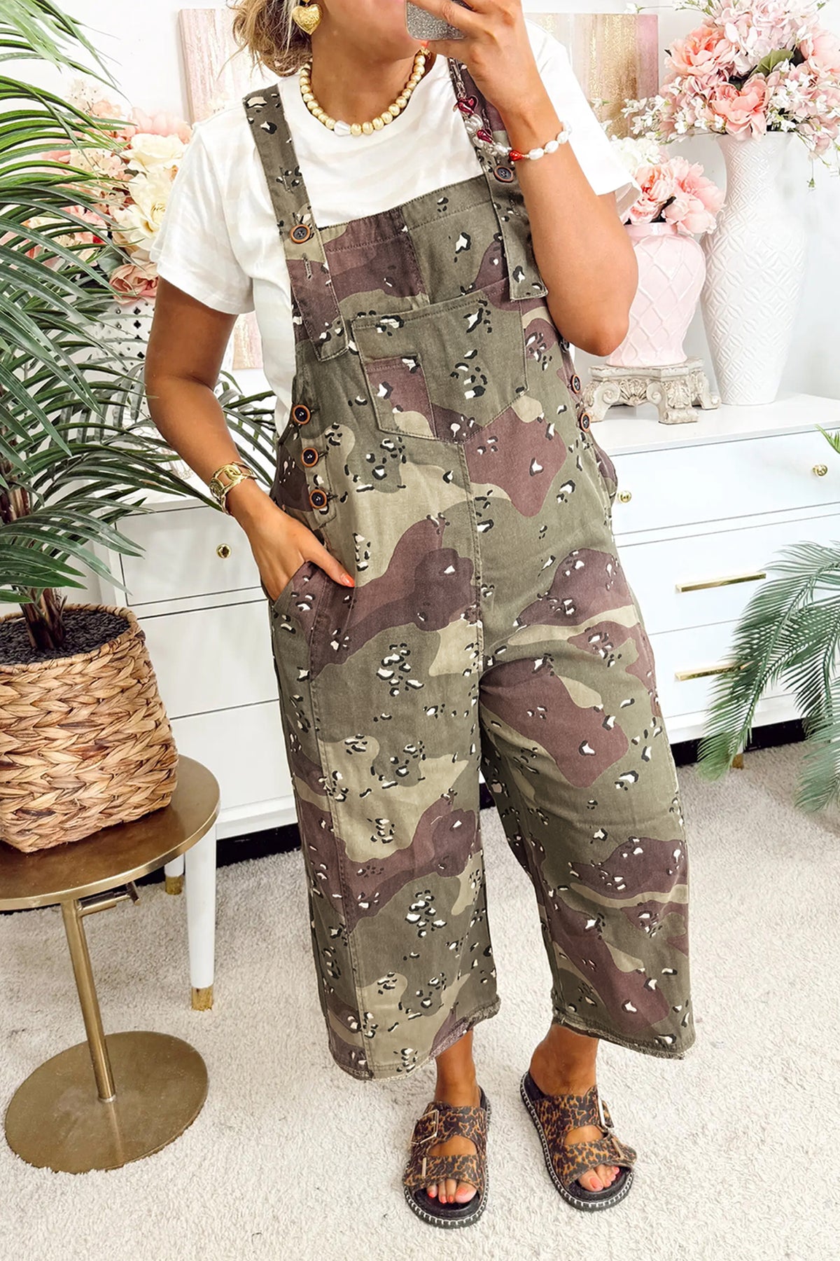 Green Camouflage Print Leopard Loose Denim Overall Cropped Jumpsuit