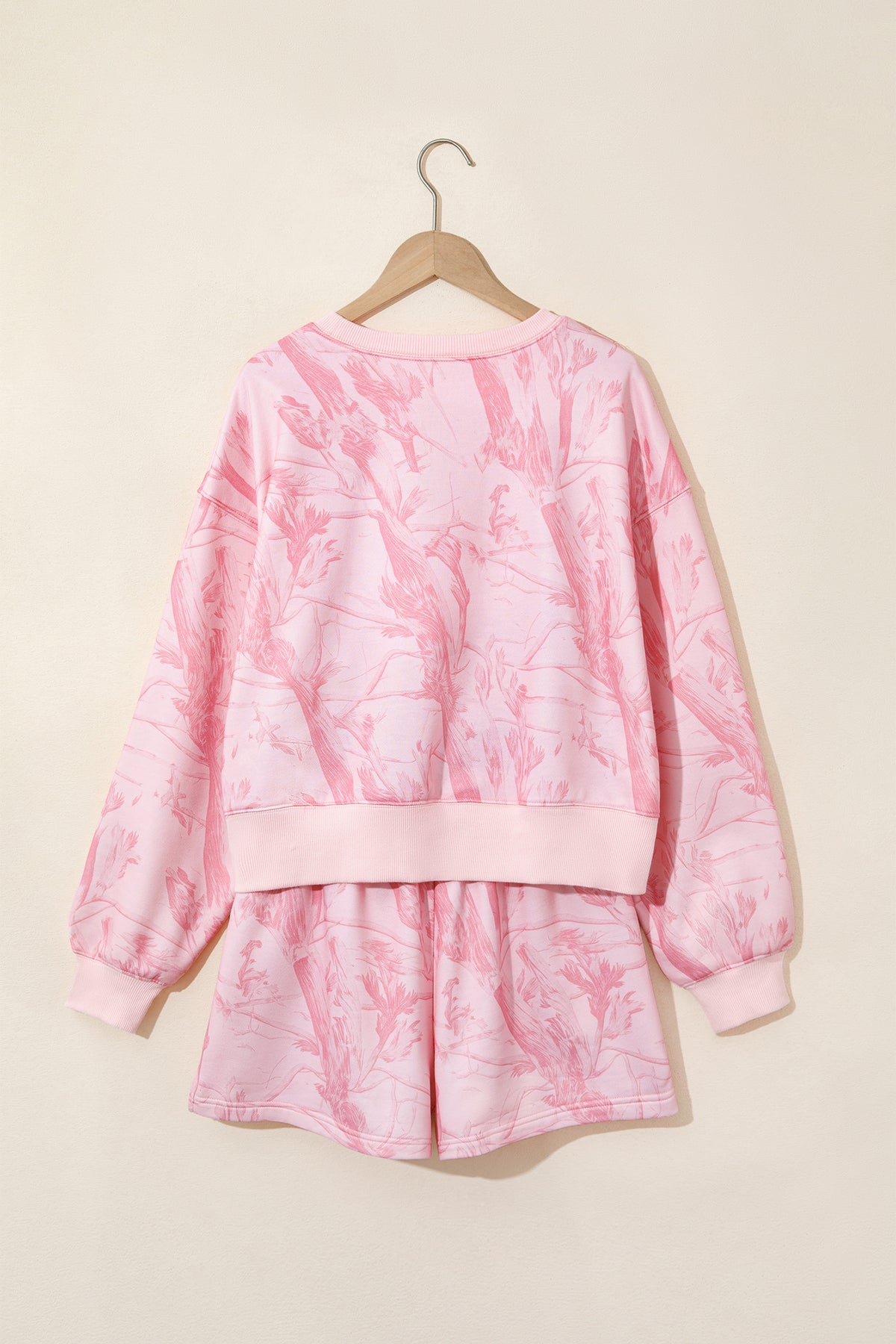 Women's Pink Abstract Print Ribbed Crewneck Long-Sleeve Top Elastic Waist Shorts Set