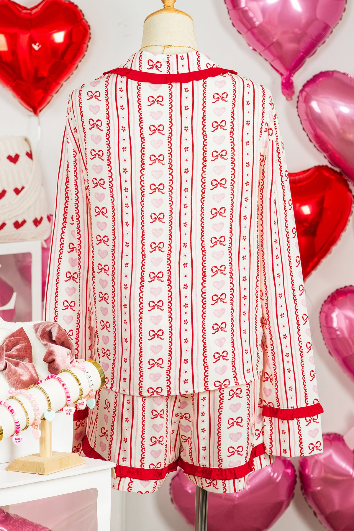 Red Floral Heart Bow Print Long Sleeve Shirt Pajama Short Set