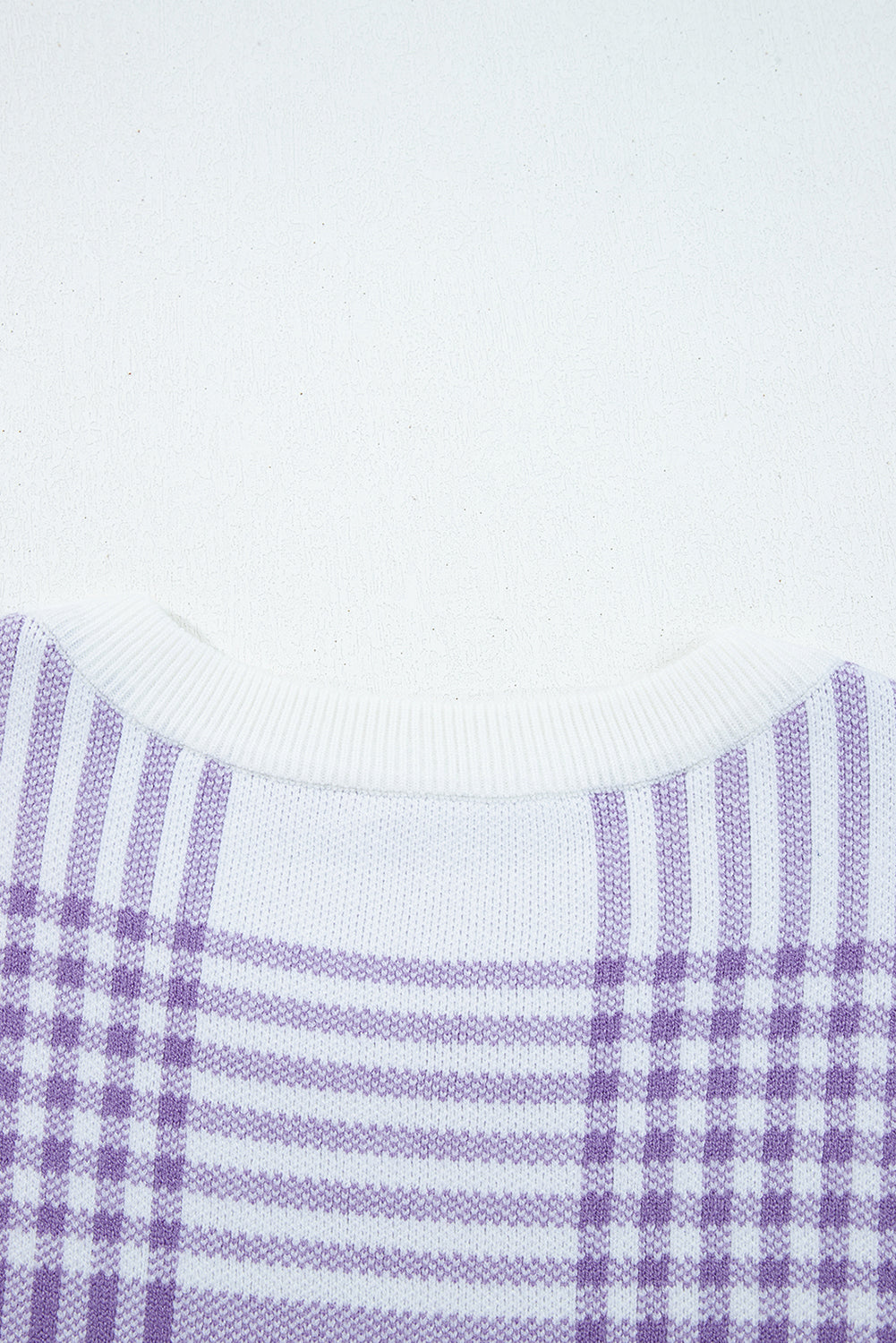 Lilac Plaid Print Ribbed Trim Loose Sweater