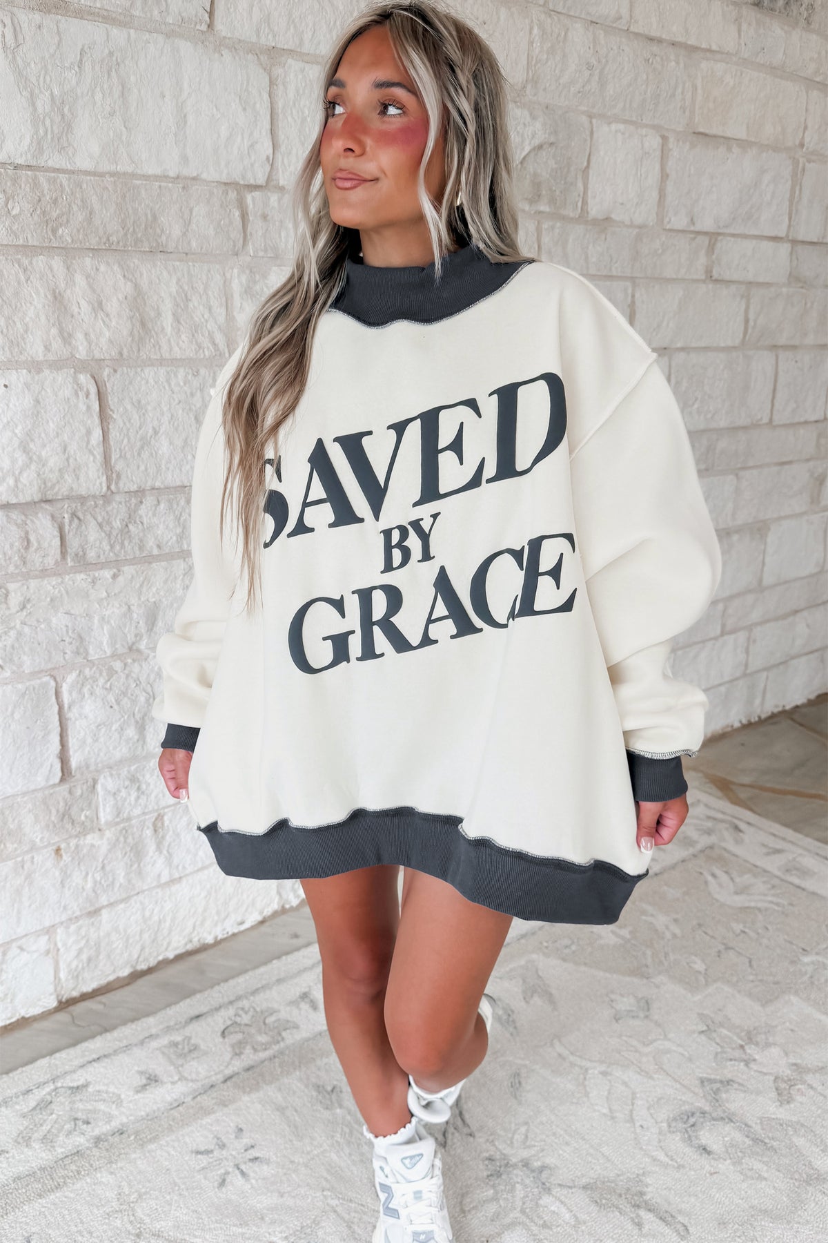 Coffee Saved By Grace Print Mock Neck Oversized Sweatshirt