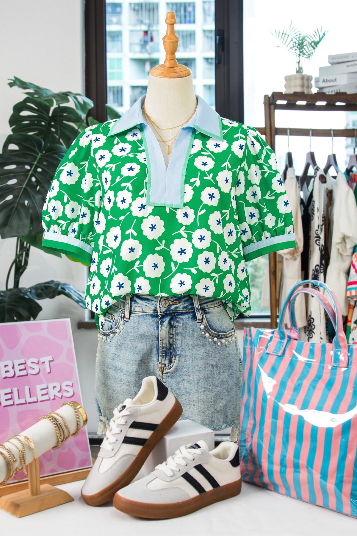 Green Flower Contrast Patchwork Collar Short Sleeve Blouse
