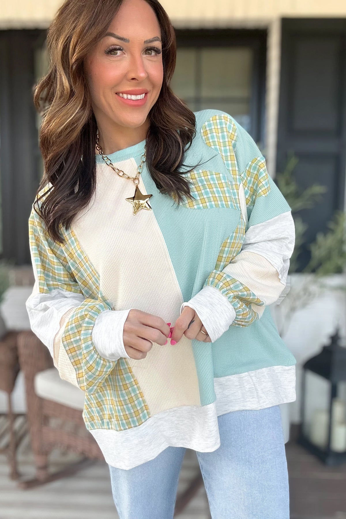 Light Blue Plaid Patchwork Round Neck Top