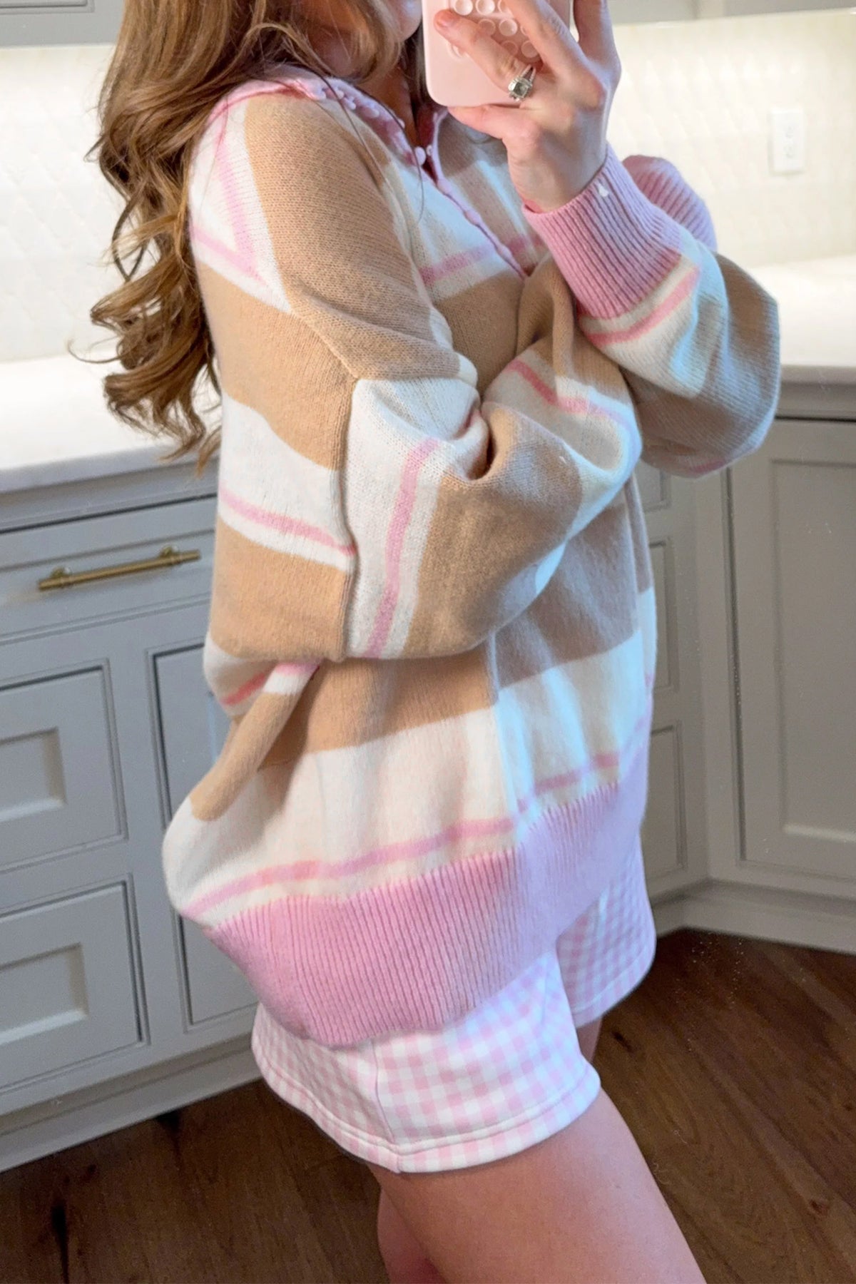 Pink Stripe Striped Color-Block V-Neck Long-Sleeve Tunic Sweater