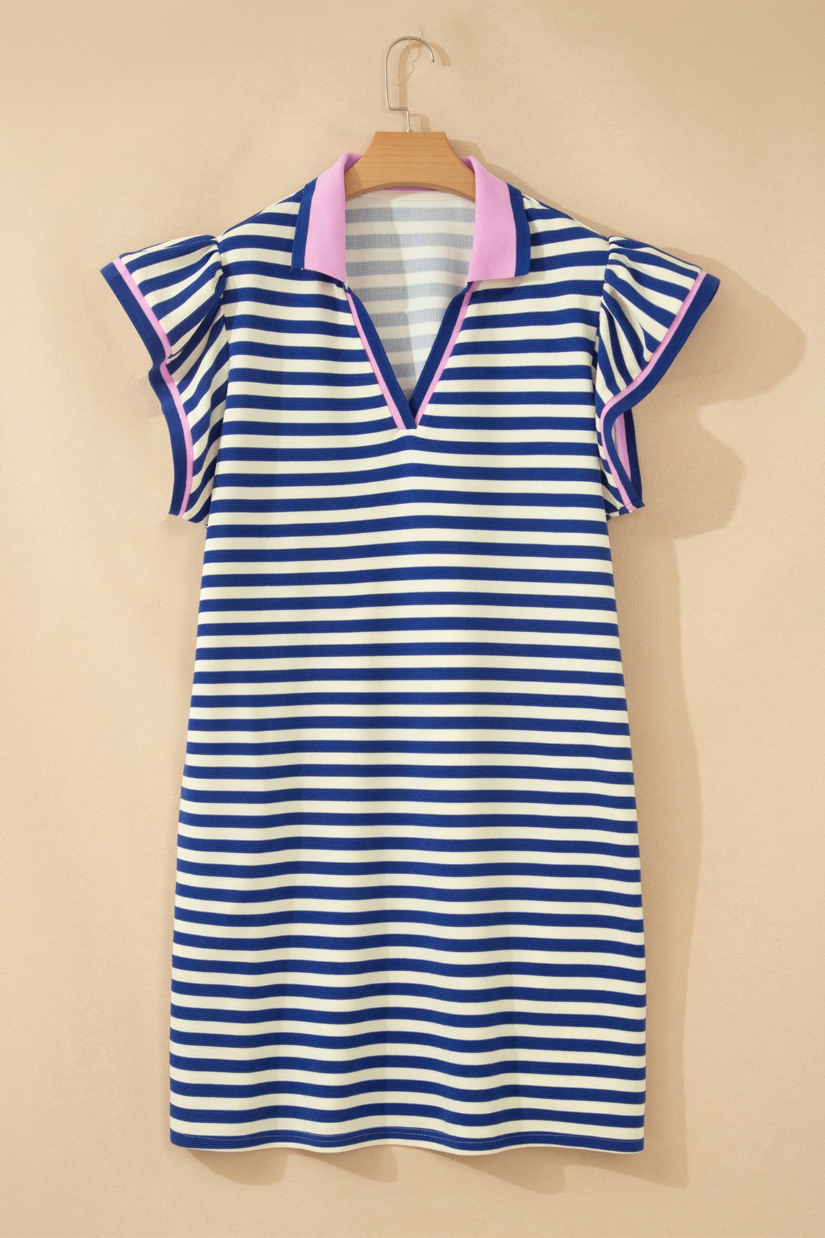 Dark Blue Striped Shift Dress Color-Block V-Neck Short-Sleeve Casual Summer