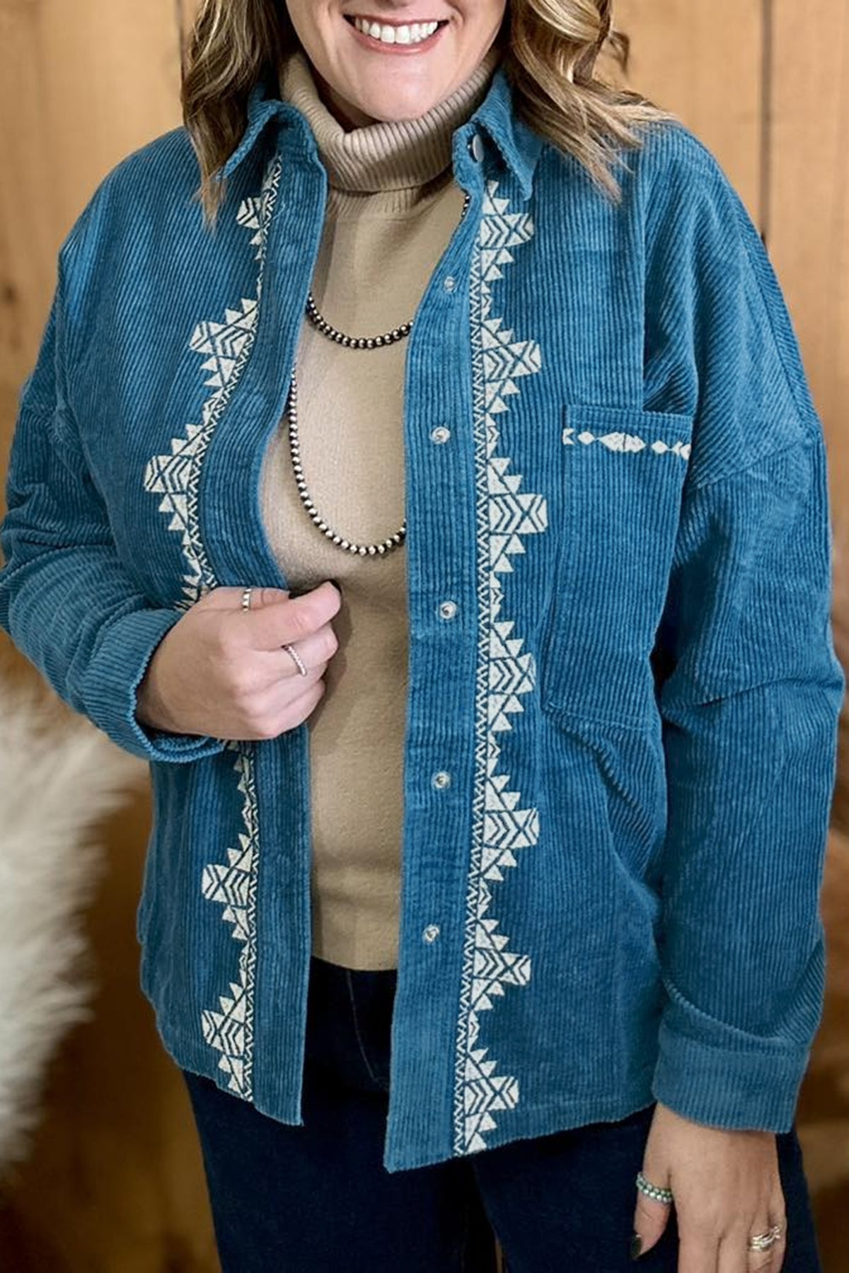 Blue Embroidered Corduroy V-Neck Plus Size Shirt
