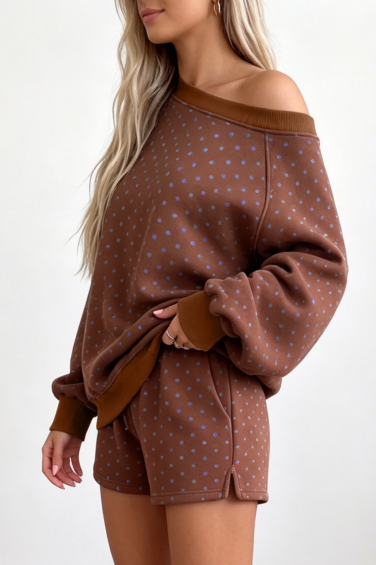 Brown Polka Dot Relaxed Top and Drawstring Shorts Set